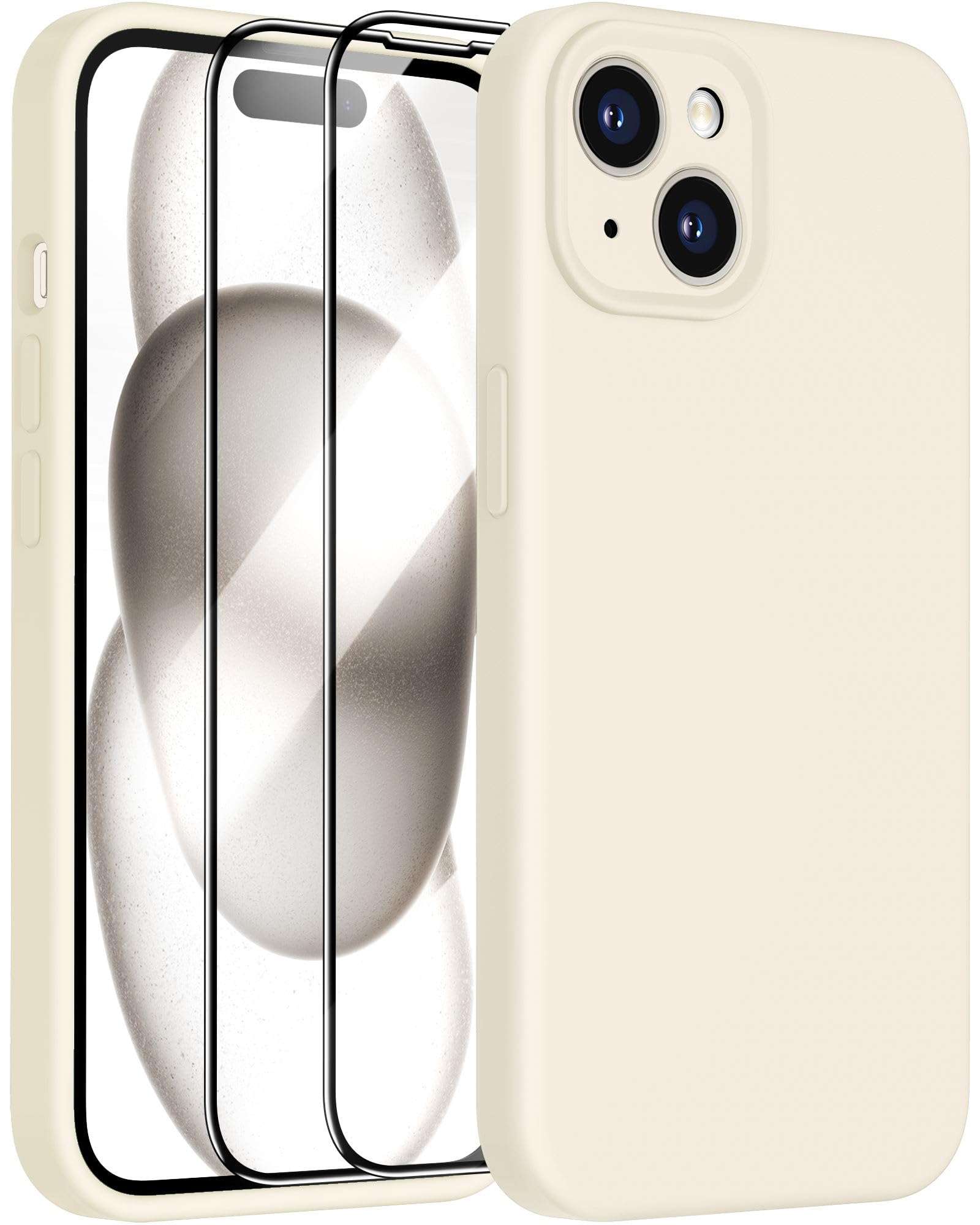 Dssairo iPhone 15 Case - Premium Liquid Silicone Cover with 2× Tempered Glass Screen Protectors | Enhanced Camera Protection & Scratch-Resistant Soft Microfiber Lining | Slim Protective Phone Case (Stone Color) - Perfect for Daily Use, Travel & Outdoor Activities