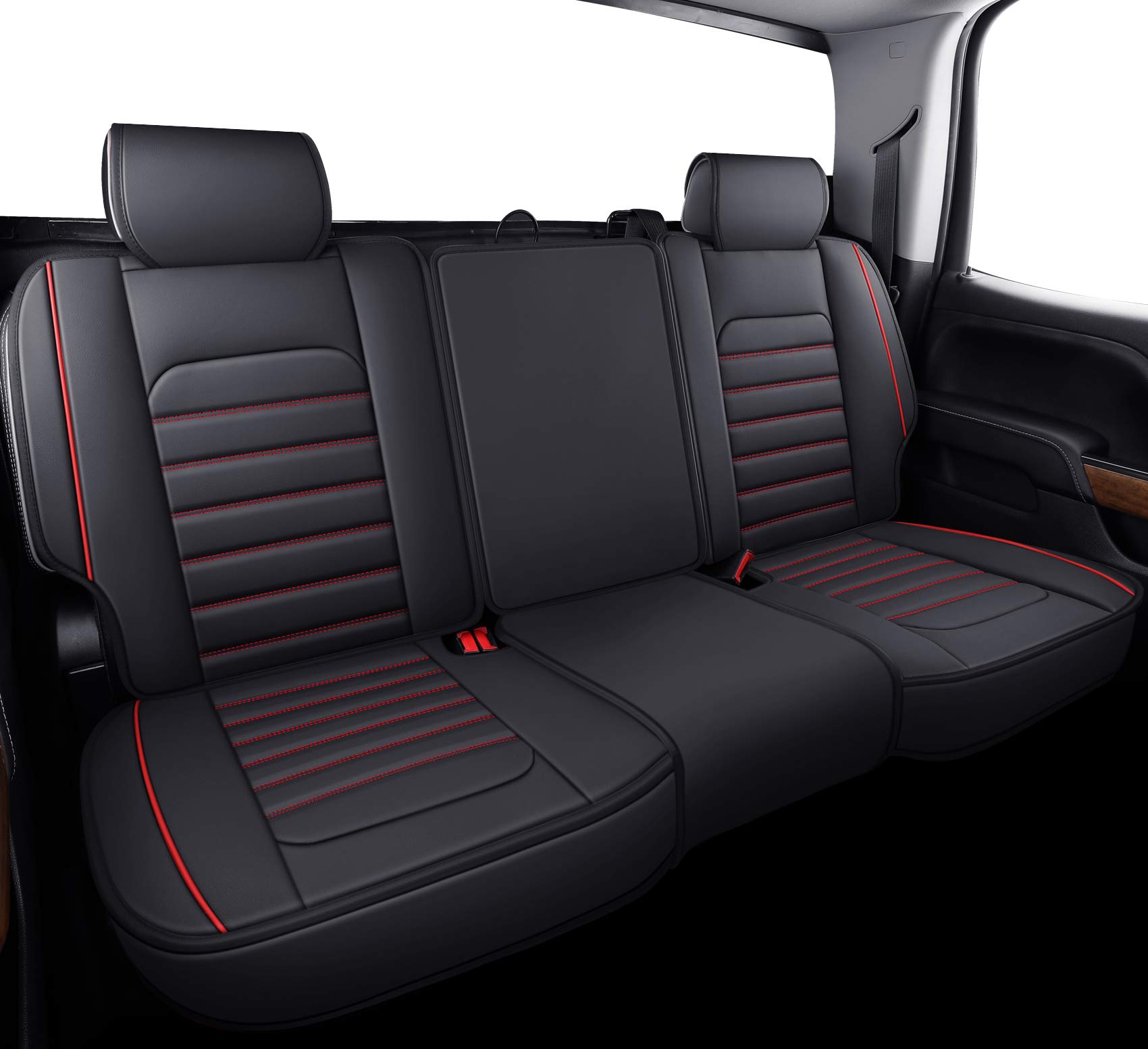 YIERTAI Waterproof Leather Seat Covers for Chevy Silverado & GMC Sierra 2007-2025 (5-Piece Set, Black-Red) - Perfect for Crew Cab & Double Cab Trucks 1500/2500/3500HD - Durable Protection for Work, Off-Road & Daily Commute