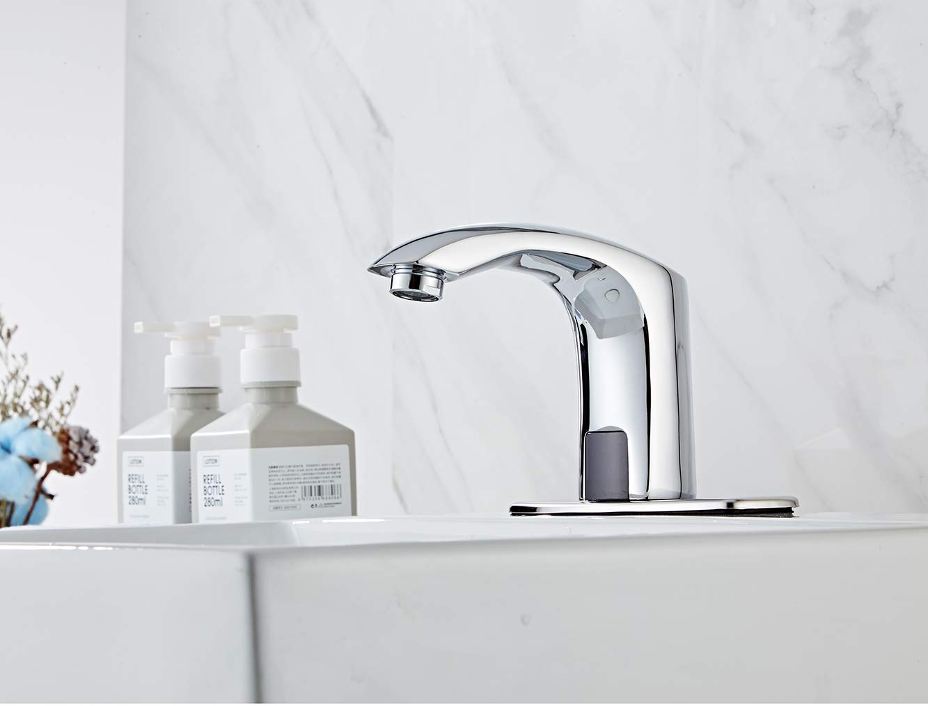 Automatic Touchless Bathroom Sink Faucet - Motion Sensor Hands-Free Chrome Vanity Faucet with Dual Power (Battery/AC), Temperature Mixer & Control Box - Ideal for Modern Homes, Public Restrooms & ADA Compliant Spaces