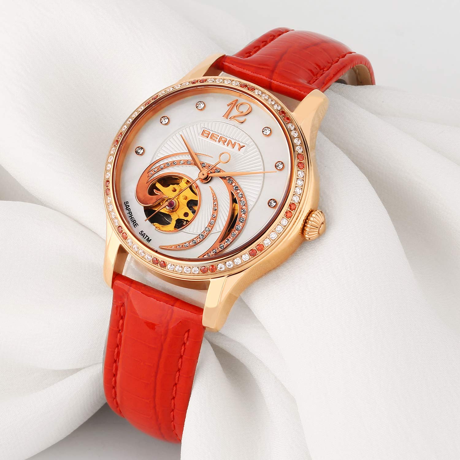 BERNY 18K Gold Women's Automatic Watch - Phoenix Series Small Dial Luxury Wristwatch (Red) | Elegant Dress Watch for Business, Party & Special Occasions