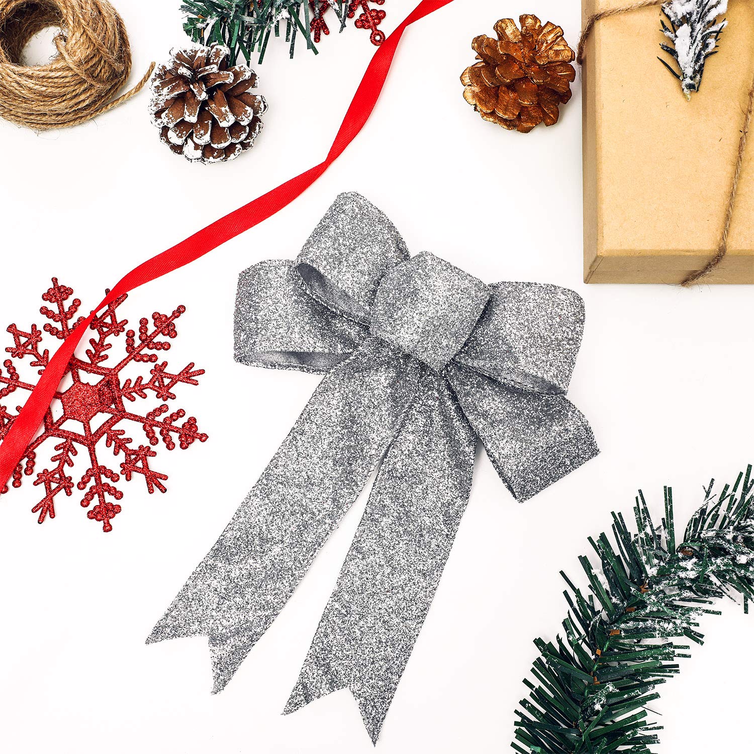 WILLBOND 9-Piece Silver Glitter Christmas Ribbon Bows Set - Elegant Holiday Wreath & Party Decorations for Tree, Gift Wrapping & Festive Home Decor
