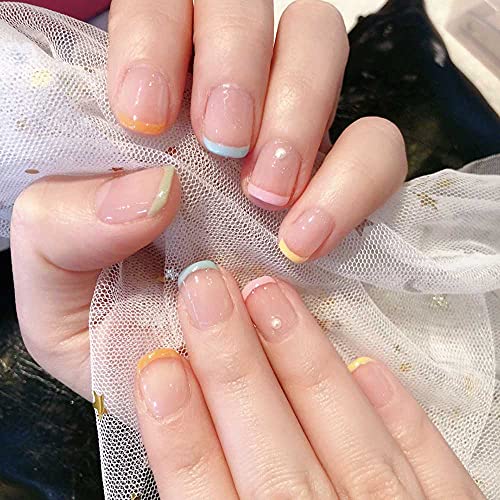 24pcs Short Fake Nails with Glue - Candy Color French False Acrylic Nails for Manicure | Detachable Evil Nail Art | Perfect for Halloween, Cosplay, and Party Makeup Looks