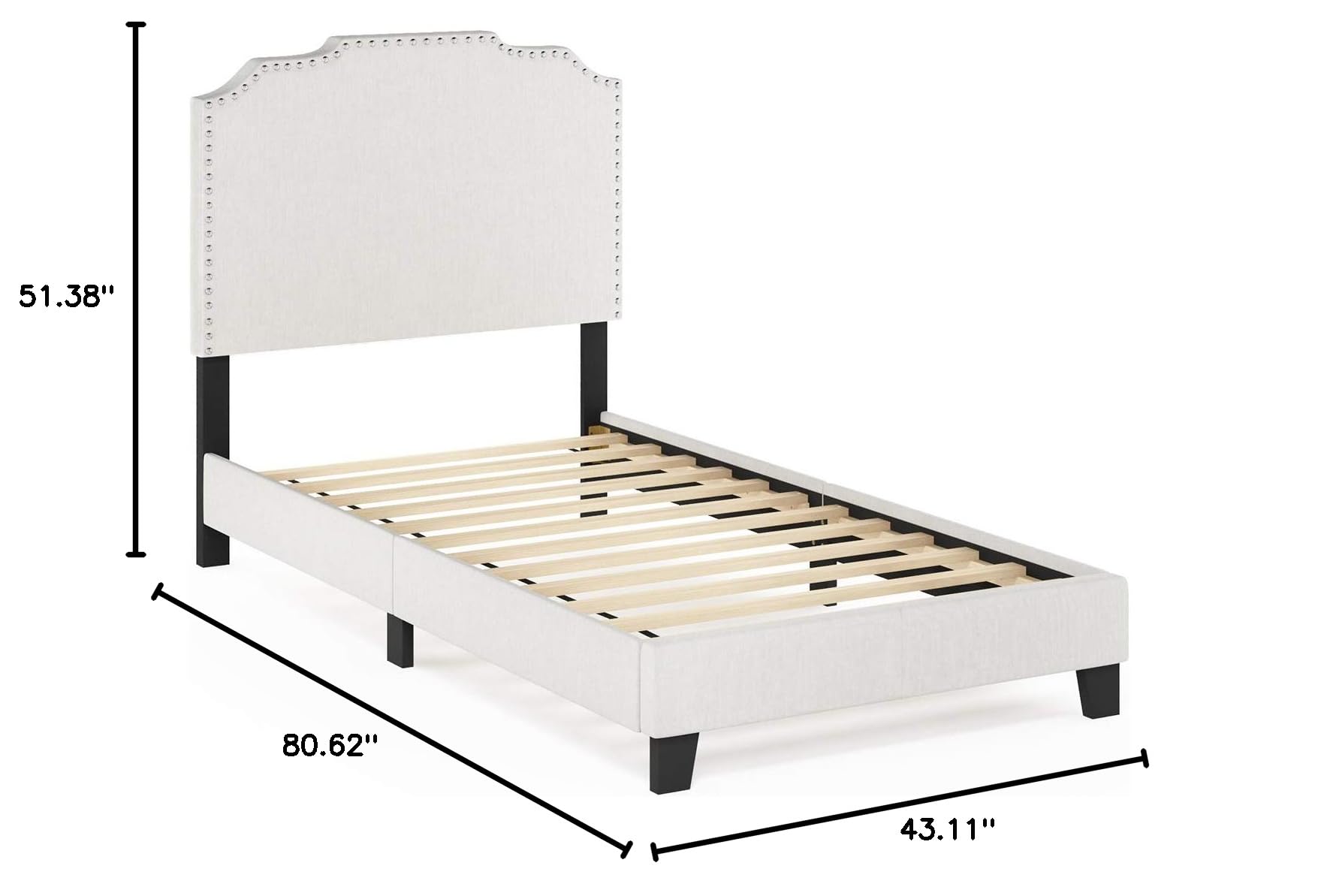 Furinno Nadia Nailhead Trim Twin Bed Frame in Gray - Modern Upholstered Platform Bed for Small Spaces, Guest Rooms & Dormitories