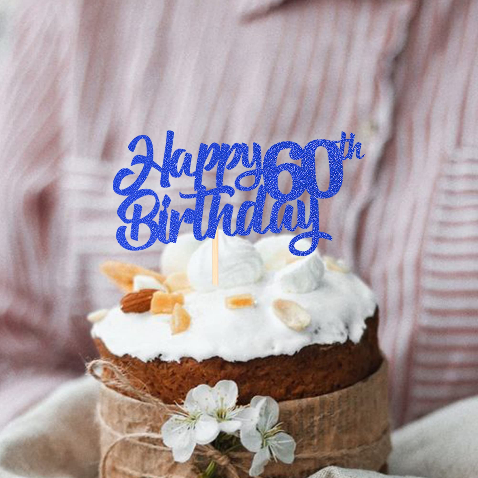 1 Pack Happy 60th Birthday Cake Topper - Glitter 60th Birthday Cake Picks - Cheers to 60 Years Old - Sixty Fabulous Cake Decorations for 60th Birthday Party Supplies (Blue) - Perfect for Birthday Cakes, Cupcakes, and Dessert Table Displays