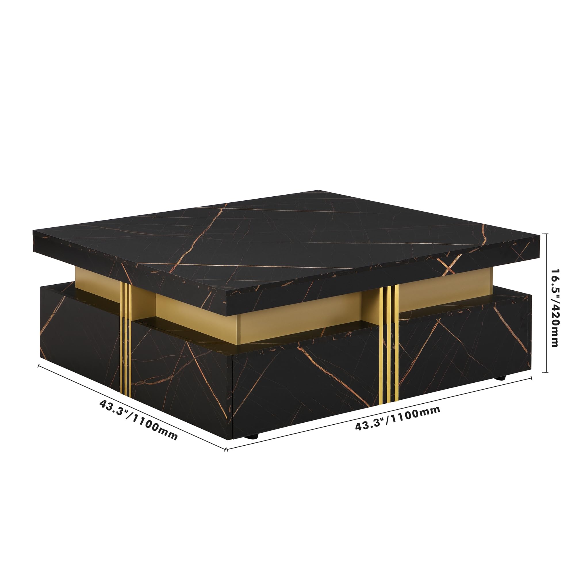 Modern Black & Gold Square Coffee Table with 4 Storage Drawers - Large Wooden Living Room Center Table with Hidden Storage - Perfect for Small Spaces, Apartments & Cozy Home Decor