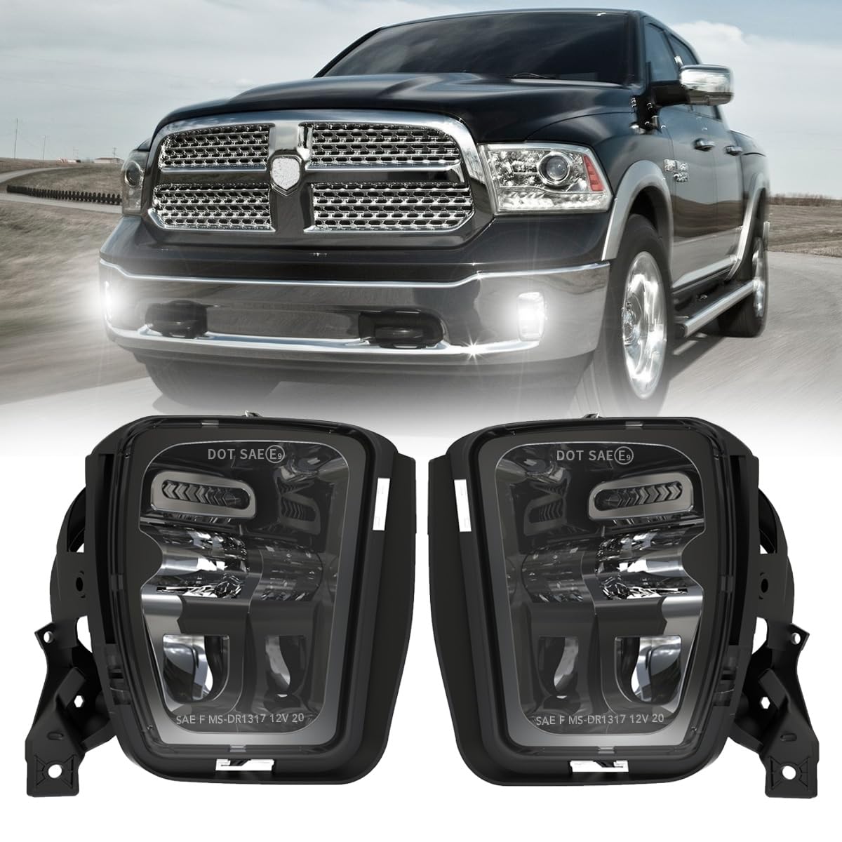 LED Fog Lights for Dodge Ram 1500 (2013-2020) - DOT Approved Replacement Fog Lamp Assembly - Black Bumper Driving Lights for Off-Road & Night Visibility