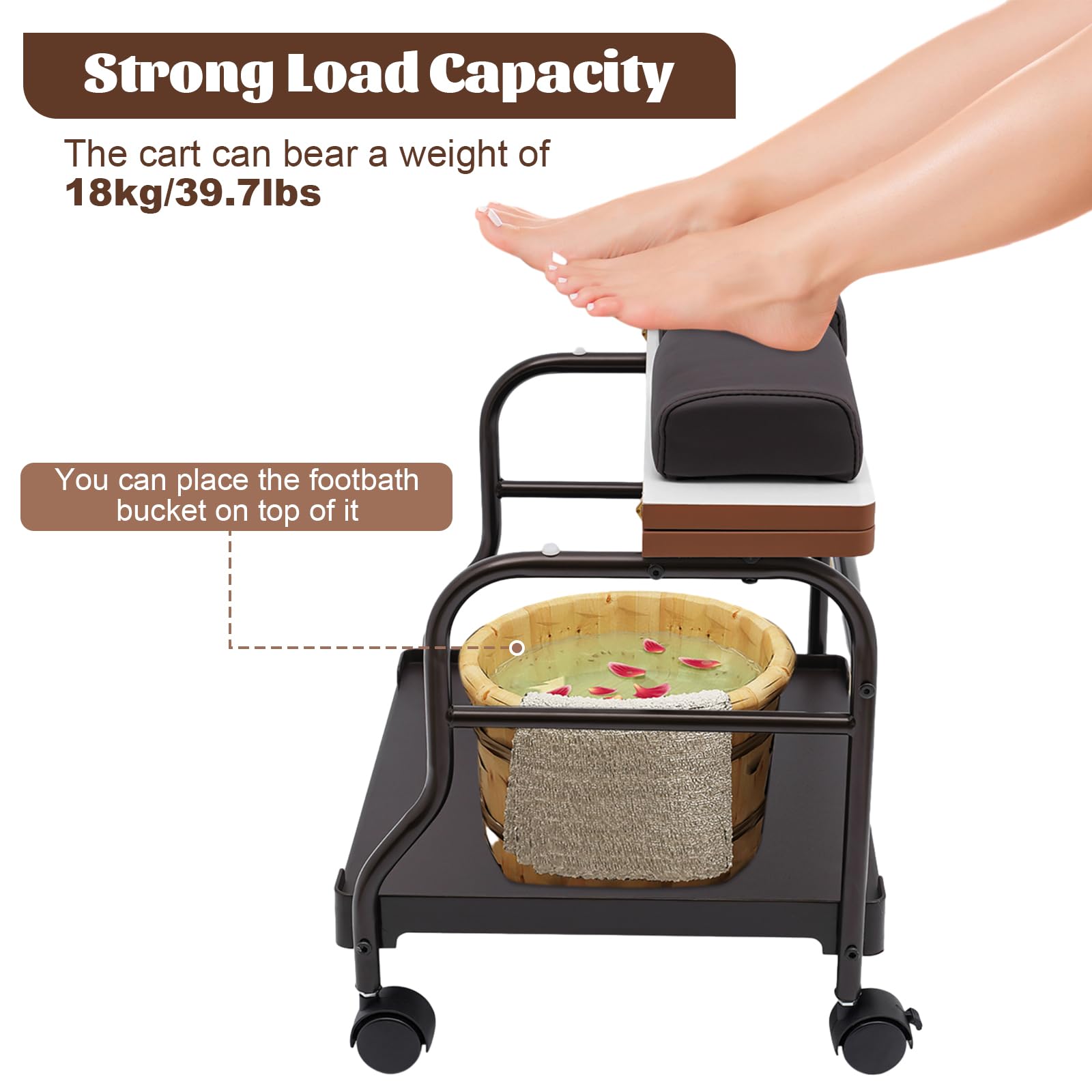 Portable Pedicure Cart with Wheels - Professional Manicure & Pedicure Trolley for Salon & Spa, Black Footrest Stand with Adjustable Height - Perfect for Nail Care, Foot Bath & Relaxation at Home or Beauty Salon