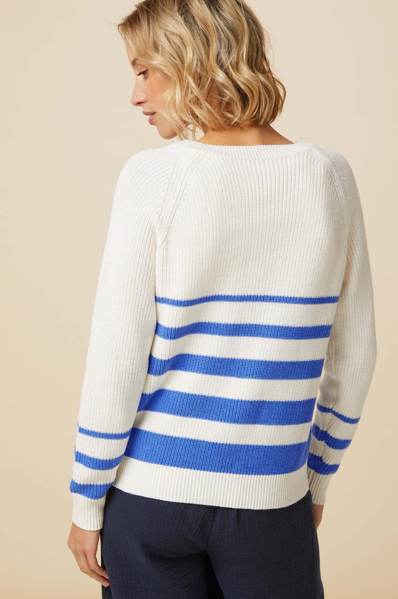 Rhia Stripe Ivory and Blue Jumper - Stylish Knit Sweater for Women | Perfect for Casual Outings, Office Wear, and Fall Fashion