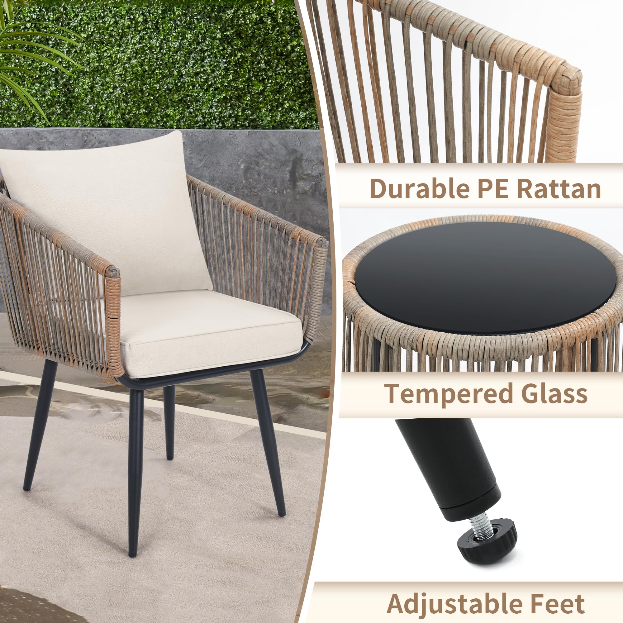 Kromax 3-Piece Patio Rattan Bistro Set - All-Weather Wicker Outdoor Furniture with 2 Chairs & Side Table - Perfect for Balcony, Porch, Backyard, Garden or Poolside - Beige