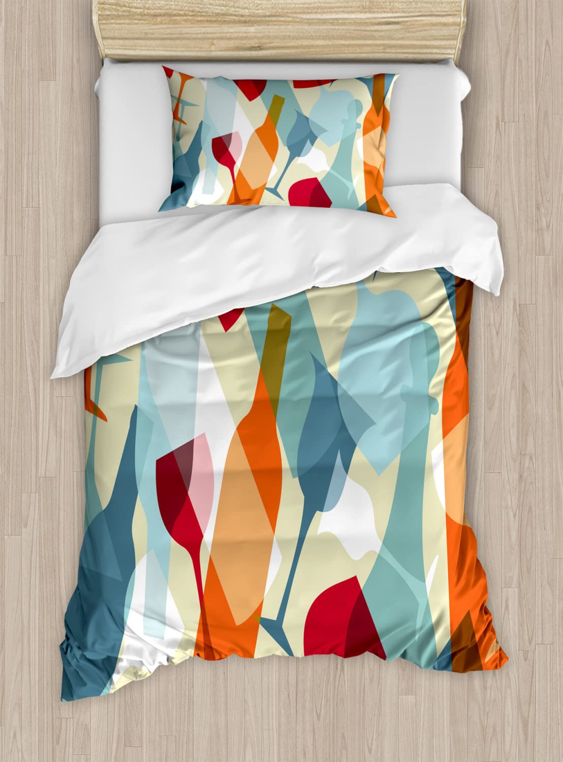Ambesonne Wine Duvet Cover Set - Modern Colorful Silhouette Design of Wine Glasses & Bottles for Fun Party Theme - 2-Piece Twin Size Bedding Set with Duvet Cover & Pillowcases in Pale Blue Ruby Orange - Perfect for Themed Parties, Guest Rooms & Wine Lovers' Bedrooms
