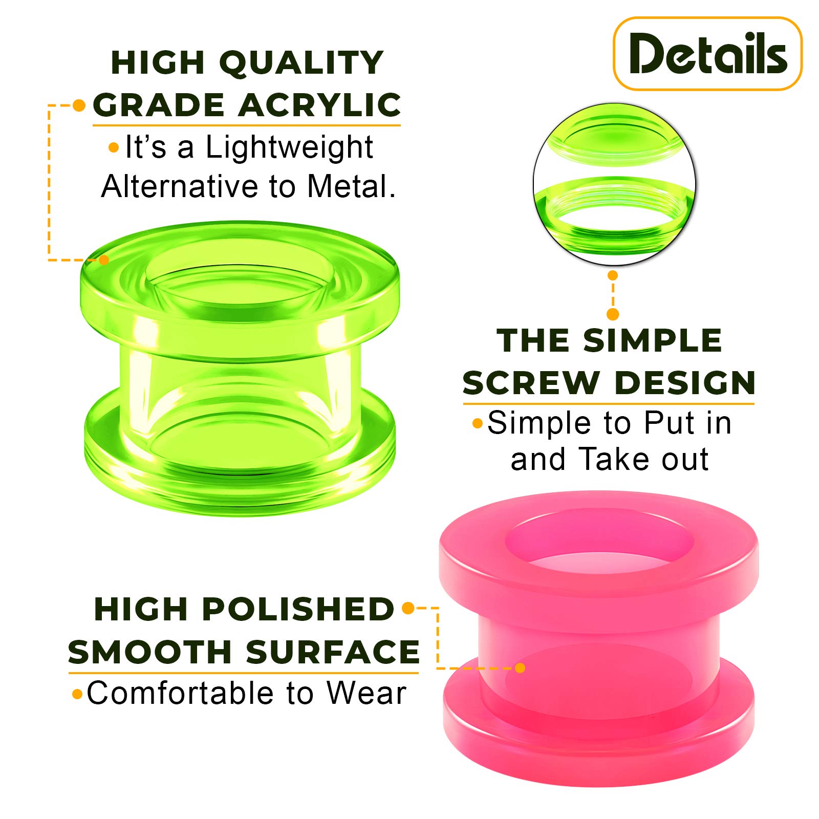 2 Pairs Green Purple Pink Acrylic Screw-fit Flesh Tunnels - Ear Stretching Jewelry for Gauged Earlobes - Perfect for Body Piercing Enthusiasts & Alternative Fashion Styles
