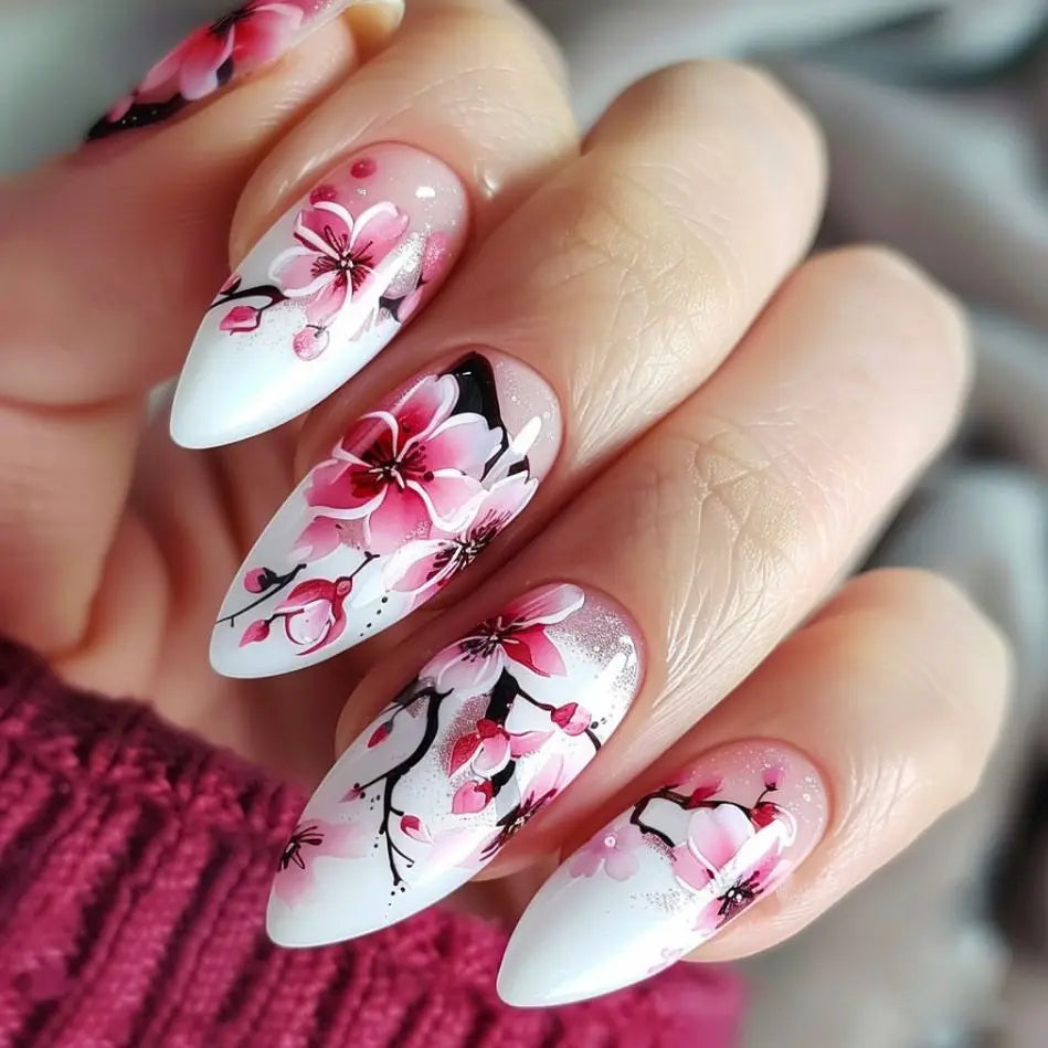 24Pcs Almond False Nails - Colorful Flower Design Press On Nails, Short Oval Full Cover Fake Nails for Everyday Wear & Special Occasions