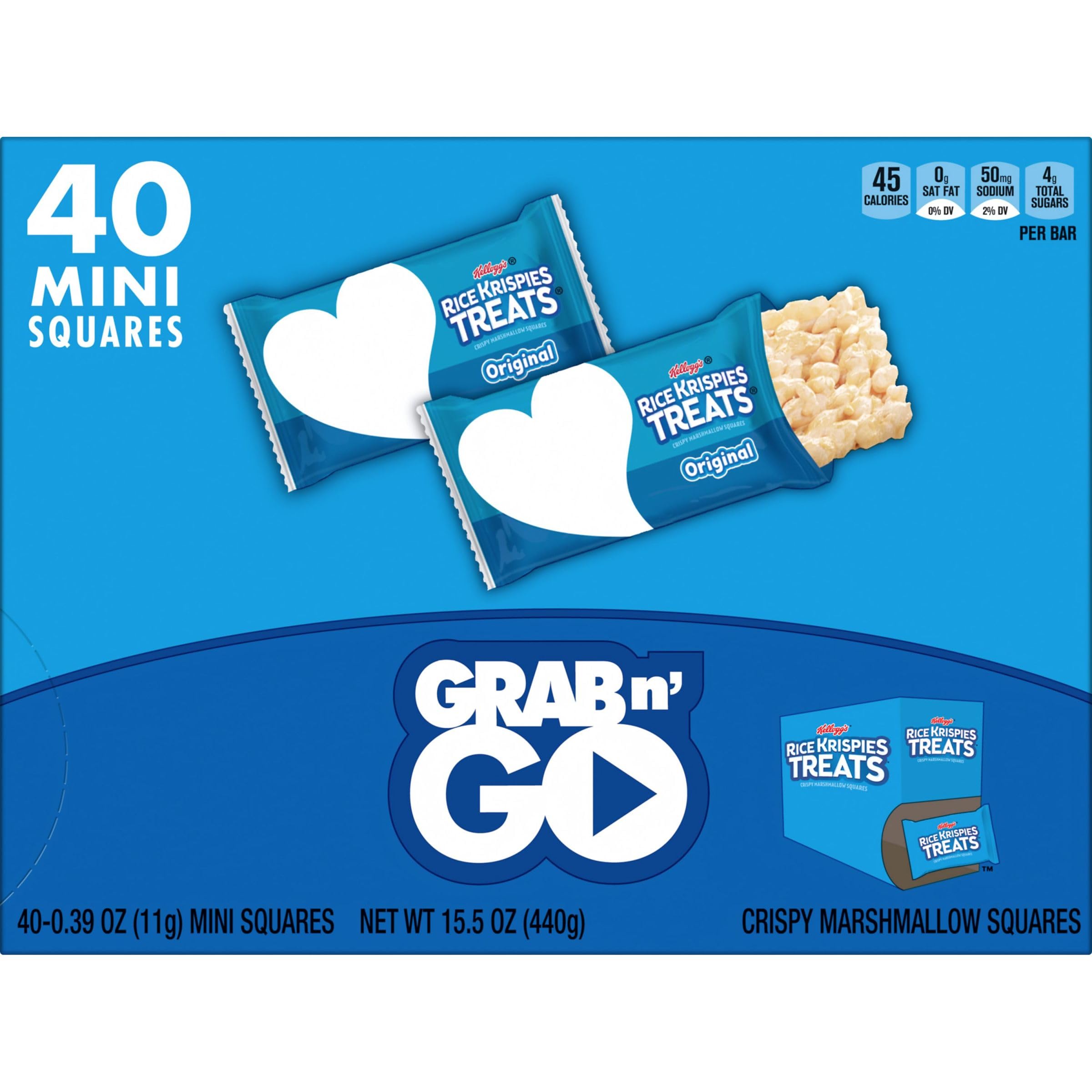 Original Rice Krispies Treats Mini Squares - 15.5oz Box (40 Bars) | Kids Snacks, School Lunch, After-School Treats, Birthday Party Favors & On-The-Go Snacking
