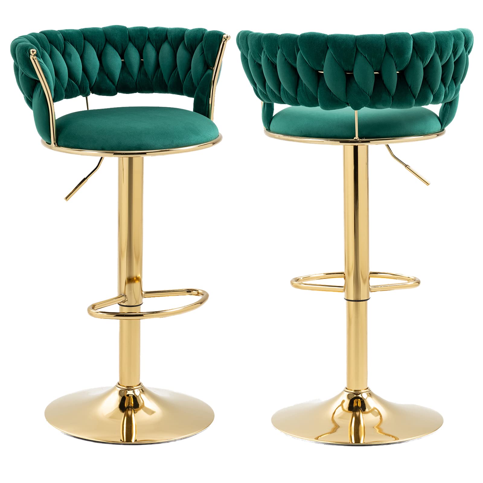KINFFICT Velvet Swivel Bar Stools Set of 2 - Adjustable Height Counter Stools with Woven Back, Upholstered Kitchen & Dining Chairs, Modern Barstools for Kitchen Island, Cafe, Pub, Bar Counter - Perfect for Home, Office & Restaurant Use (Green)