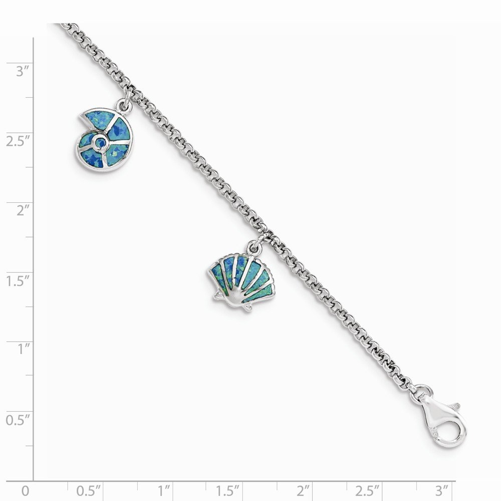 925 Sterling Silver Blue Simulated Opal Fish & Shell Charm Bracelet - 7.25 Inch Adjustable Ocean Theme Jewelry for Beach Vacation, Gift Giving & Boho Fashion