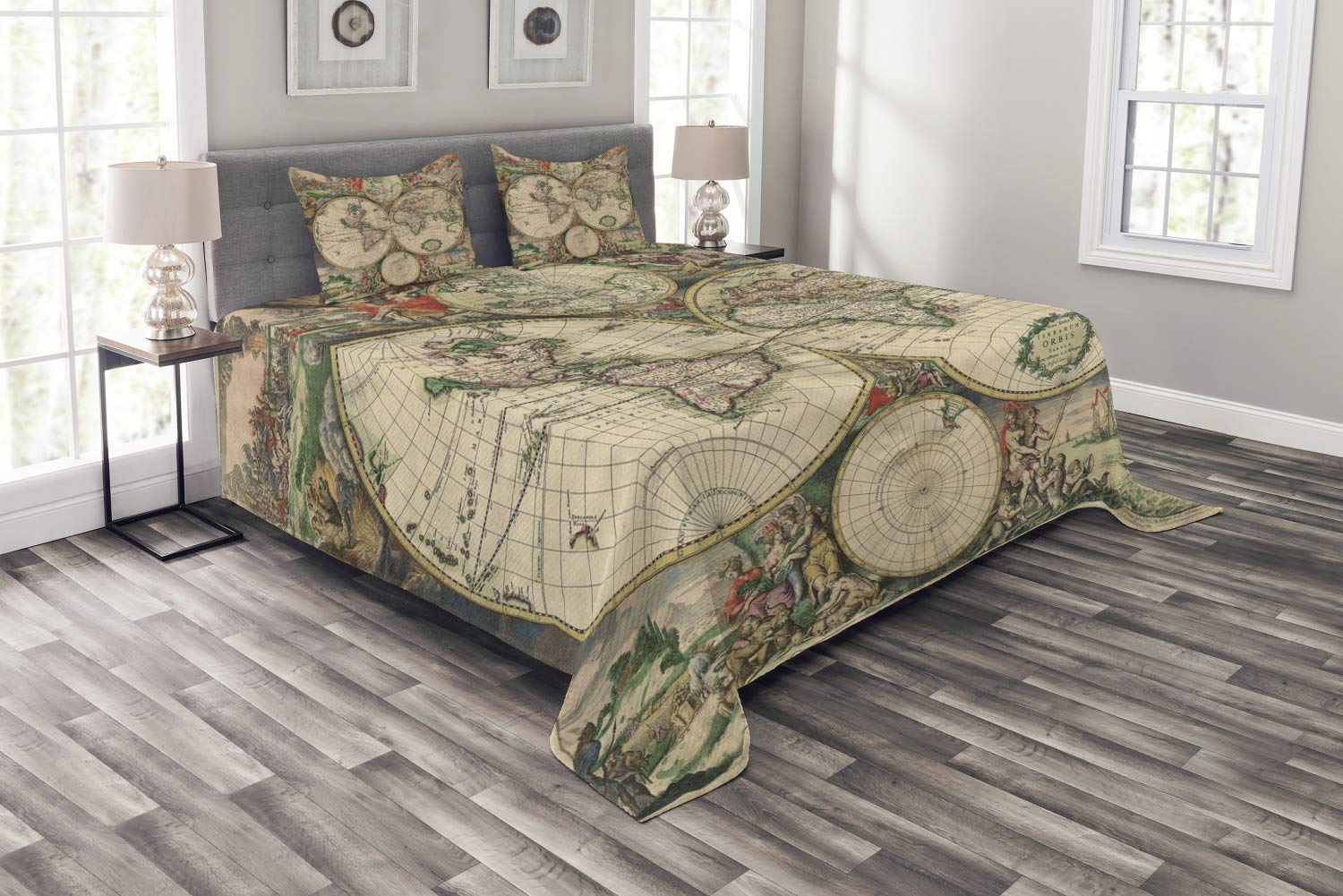 Ambesonne Vintage World Map Bedspread Set - King Size Antique Renaissance Design Quilted Coverlet with 2 Pillow Shams | Multicolor Decorative Bedding for Home, Dorm & Guest Room Decor