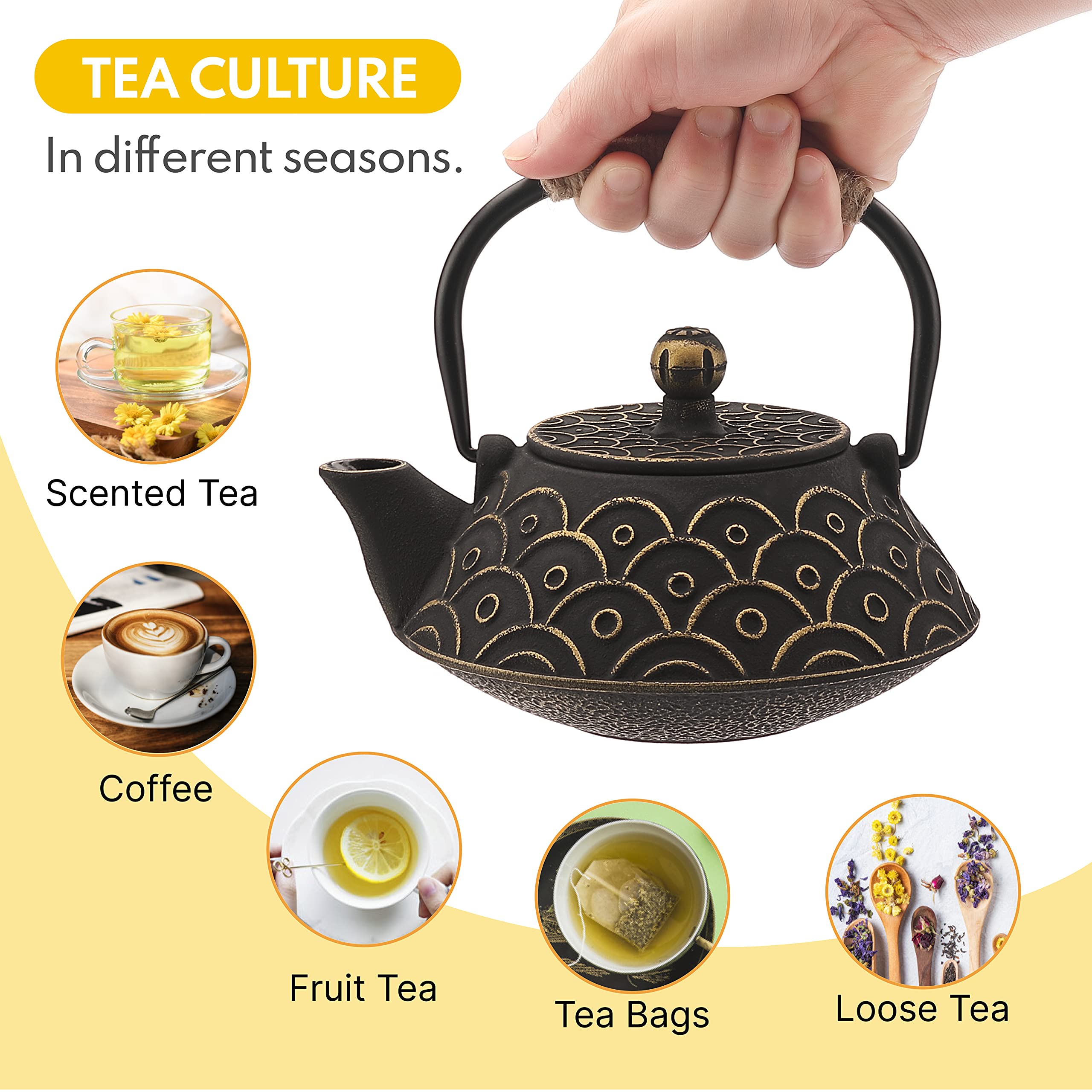 VUDECO 30oz Gold & Black Japanese Cast Iron Teapot Set with Infuser - Traditional Tetsubin for Loose Leaf Tea Brewing - Perfect for Home, Office & Tea Ceremonies - Stovetop & Wood Stove Compatible