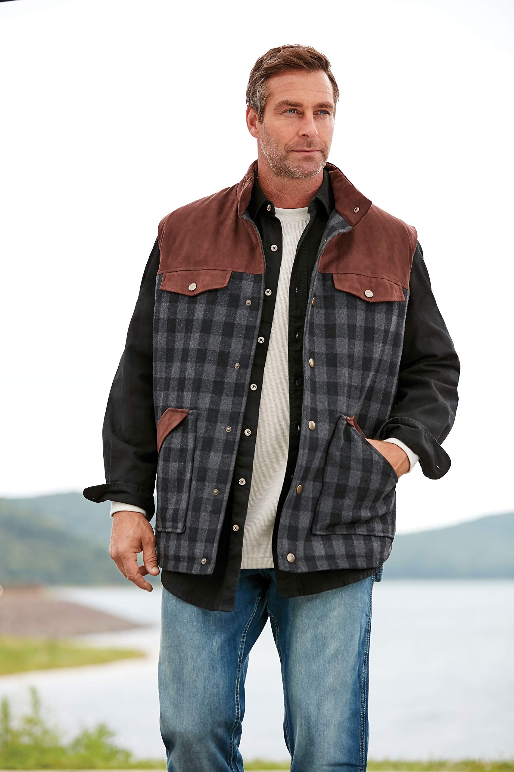 KingSize Men's Big & Tall Plaid Multi-Pocket Vest - Warm Fleece Lined Hunting & Outdoor Vest for Winter Camping & Hiking
