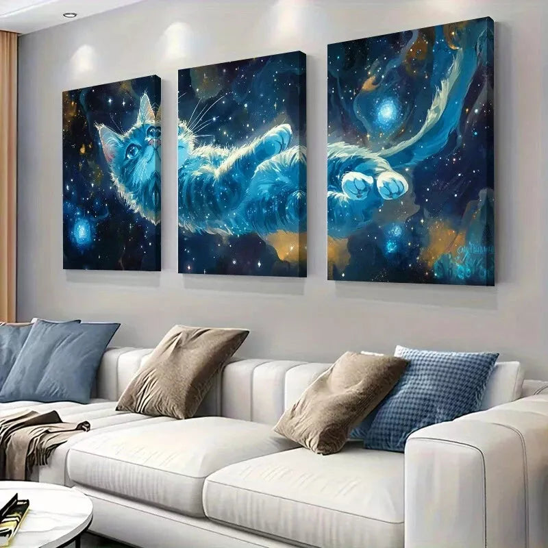 3-Piece Vibrant Blue Cosmic Cat Adventure Wall Art Set - Framed Canvas 50x70cm - High Quality Print - 100% Australian Made - Ready to Hang - Perfect for Living Room, Bedroom & Office Decor