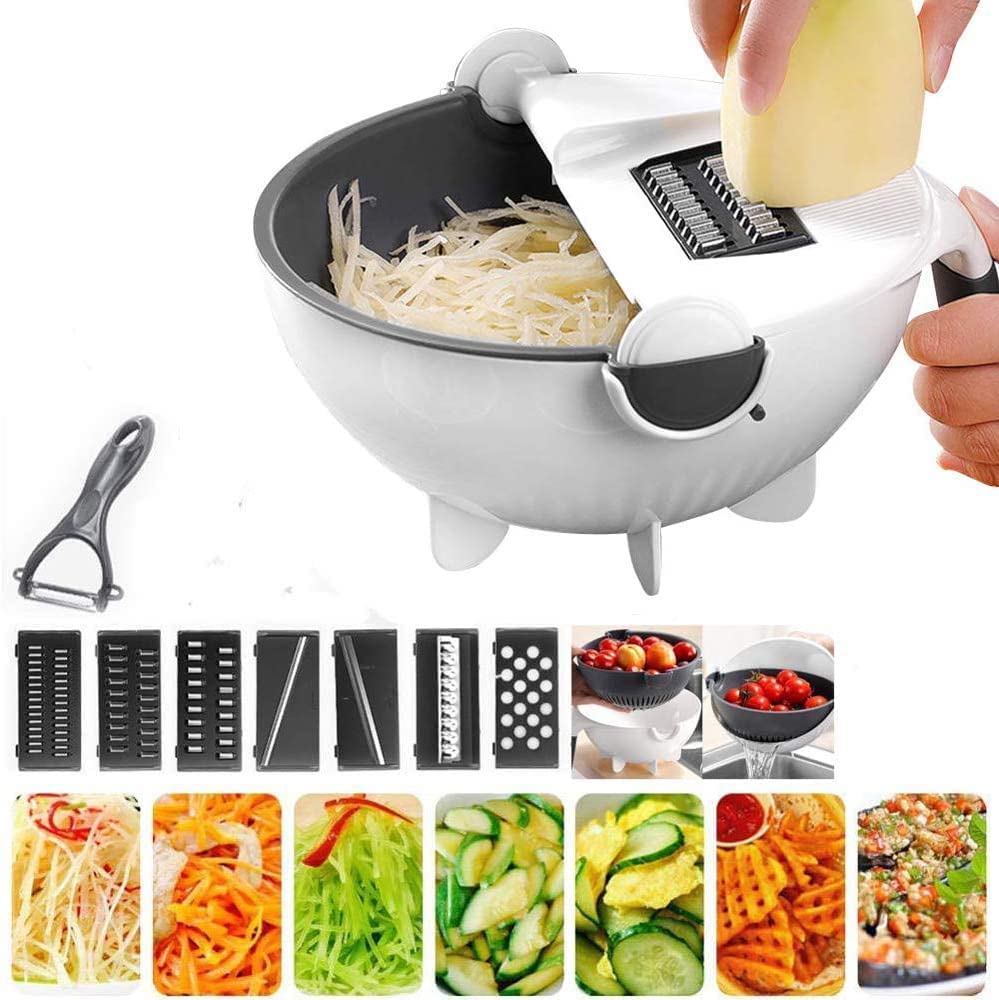 9-in-1 Multi-Functional Rotating Vegetable Cutter & Fruit Slicer - Large Capacity Kitchen Chopper with Grater & Draining Basket - Perfect for Carrots, Potatoes & Meal Prep (White) - Ideal for Salad Making, Meal Prepping & Healthy Cooking