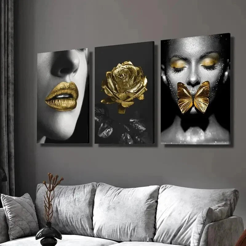 3-Piece Gold Lipstick Girl Wall Art Set - Framed Canvas Prints 50x70cm - High Quality Australian Made Wall Decor for Living Room, Bedroom & Office - Ready to Hang Modern Artwork for Women's Spaces