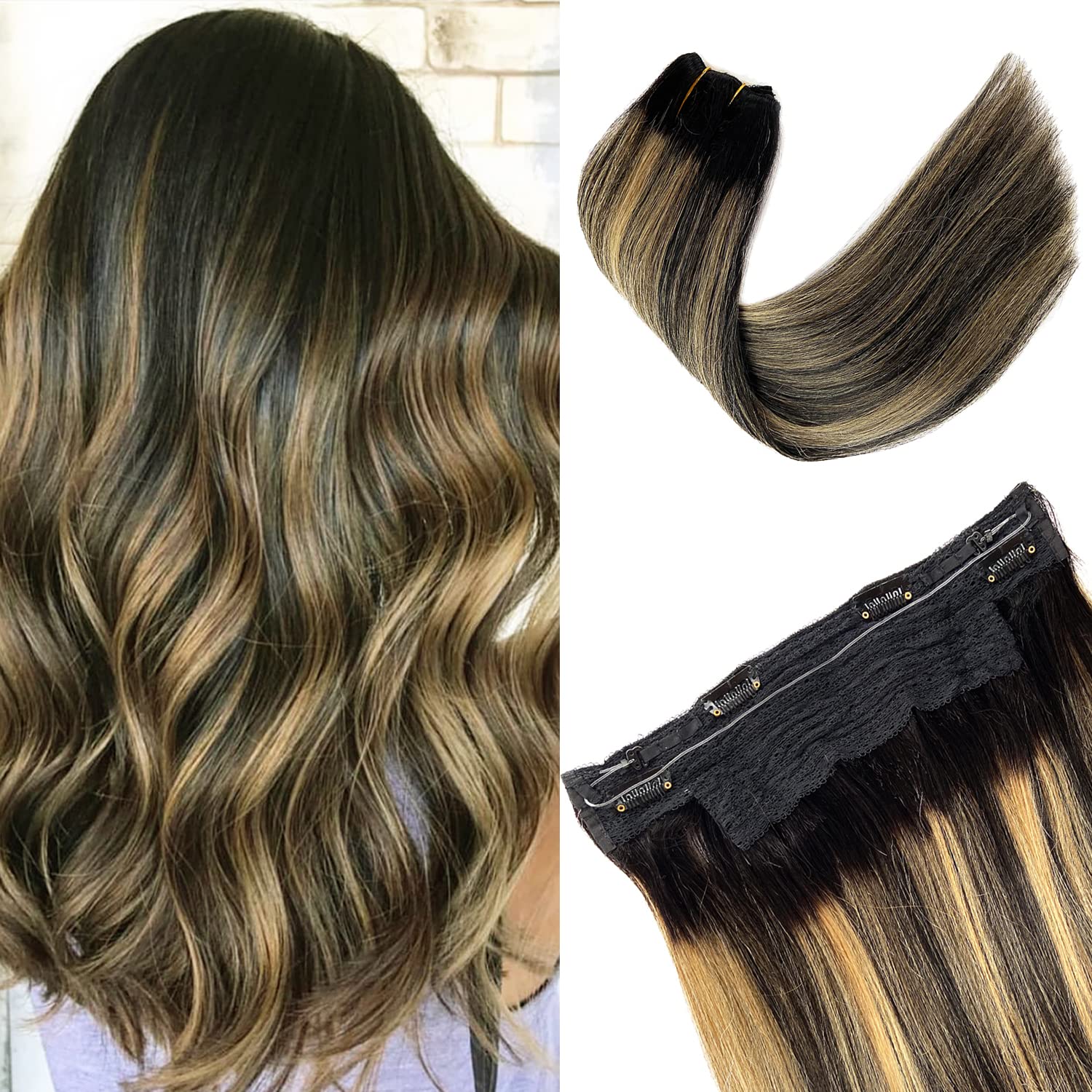 Ombre Black to Blonde Balayage Highlights 100% Human Hair Extensions - 18 Inch 80g Remy Wire Hair with Invisible Fish Line for Natural Look | Perfect for Parties, Weddings & Daily Styling