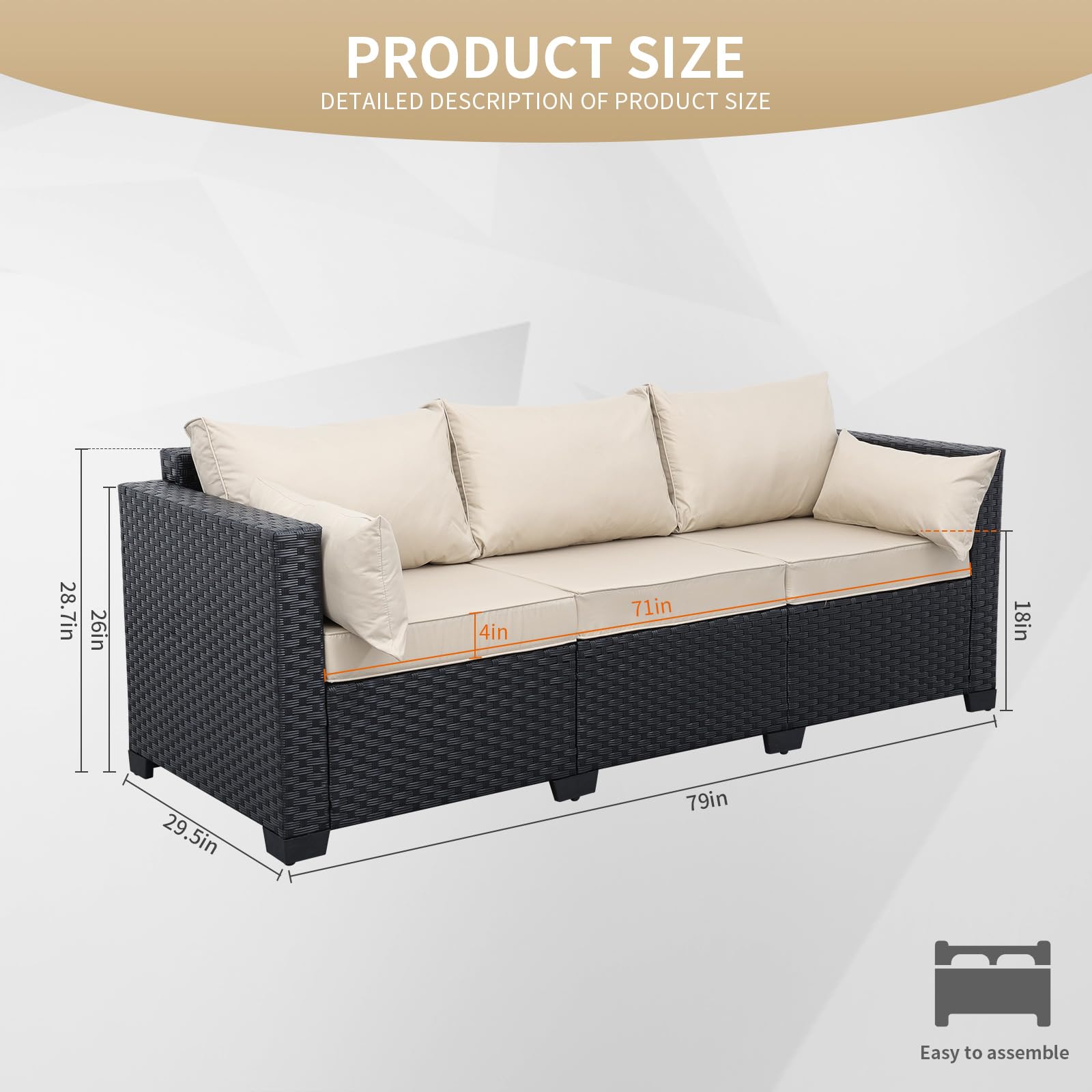 Valita 3-Seat Outdoor Rattan Sofa Set - Black PE Wicker Patio Loveseat with Washable Khaki Cushions - Perfect for Garden, Backyard, Poolside & Balcony Relaxation