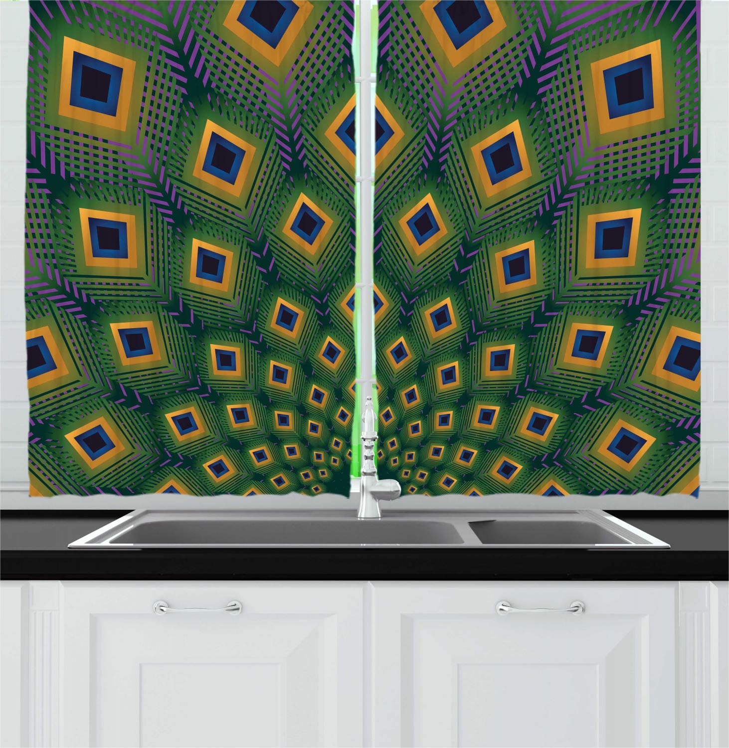 Ambesonne Peacock Kitchen Curtains Set of 2 Panels - Modern Abstract Geometric Design with Feather Pattern, 55