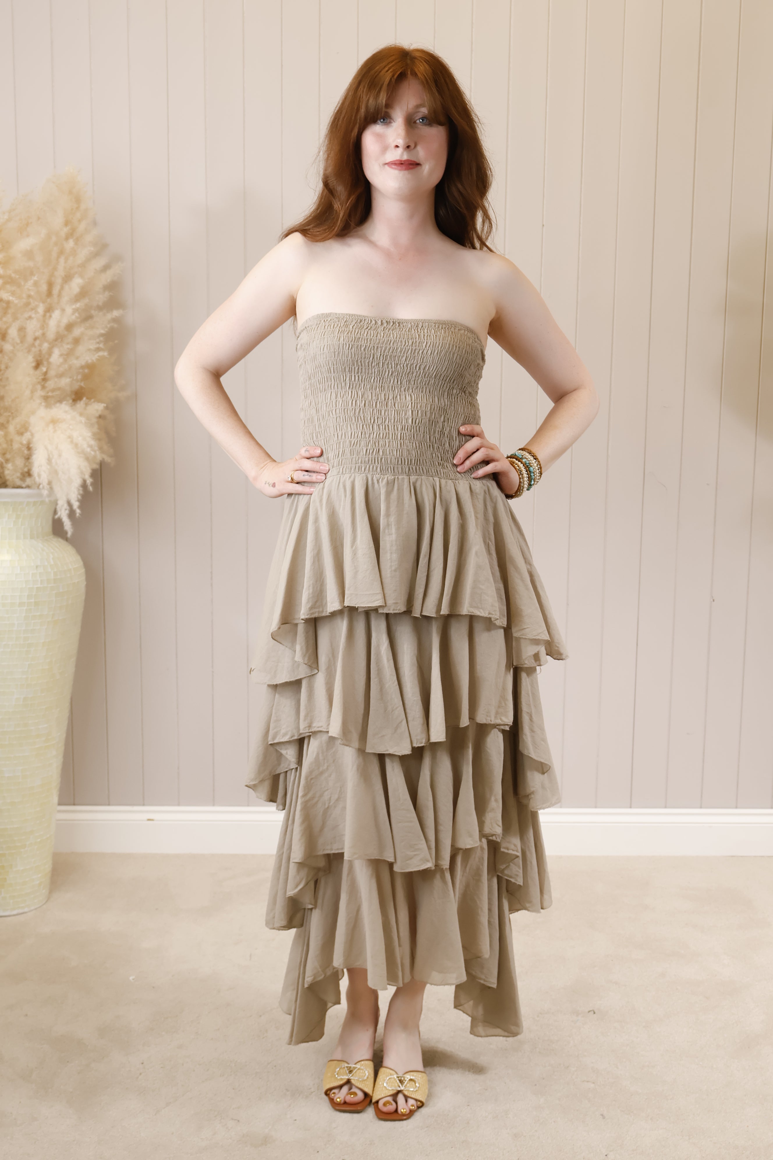 Rosita Women's Ruffle Maxi Dress in Mocha - Flowy Boho Summer Dress for Beach, Vacation & Casual Outings
