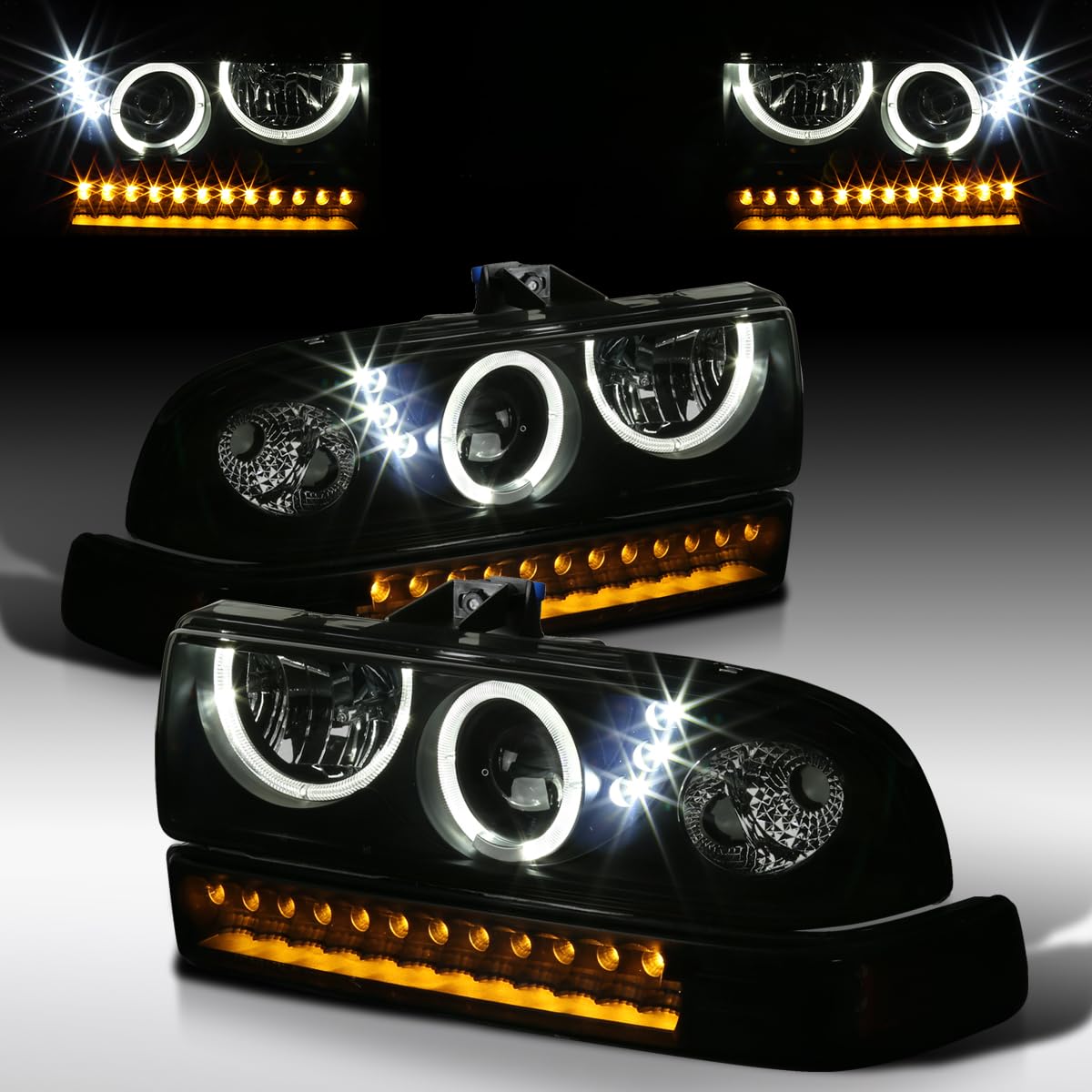 AUTOZENSATION Smoke LED Halo Projector Headlights + LED Bumper Lights - Compatible with 1998-2004 Chevy S10 Pickup & Blazer - Left & Right Pair Headlamp Assembly - Upgrade for Night Driving & Off-Road Adventures
