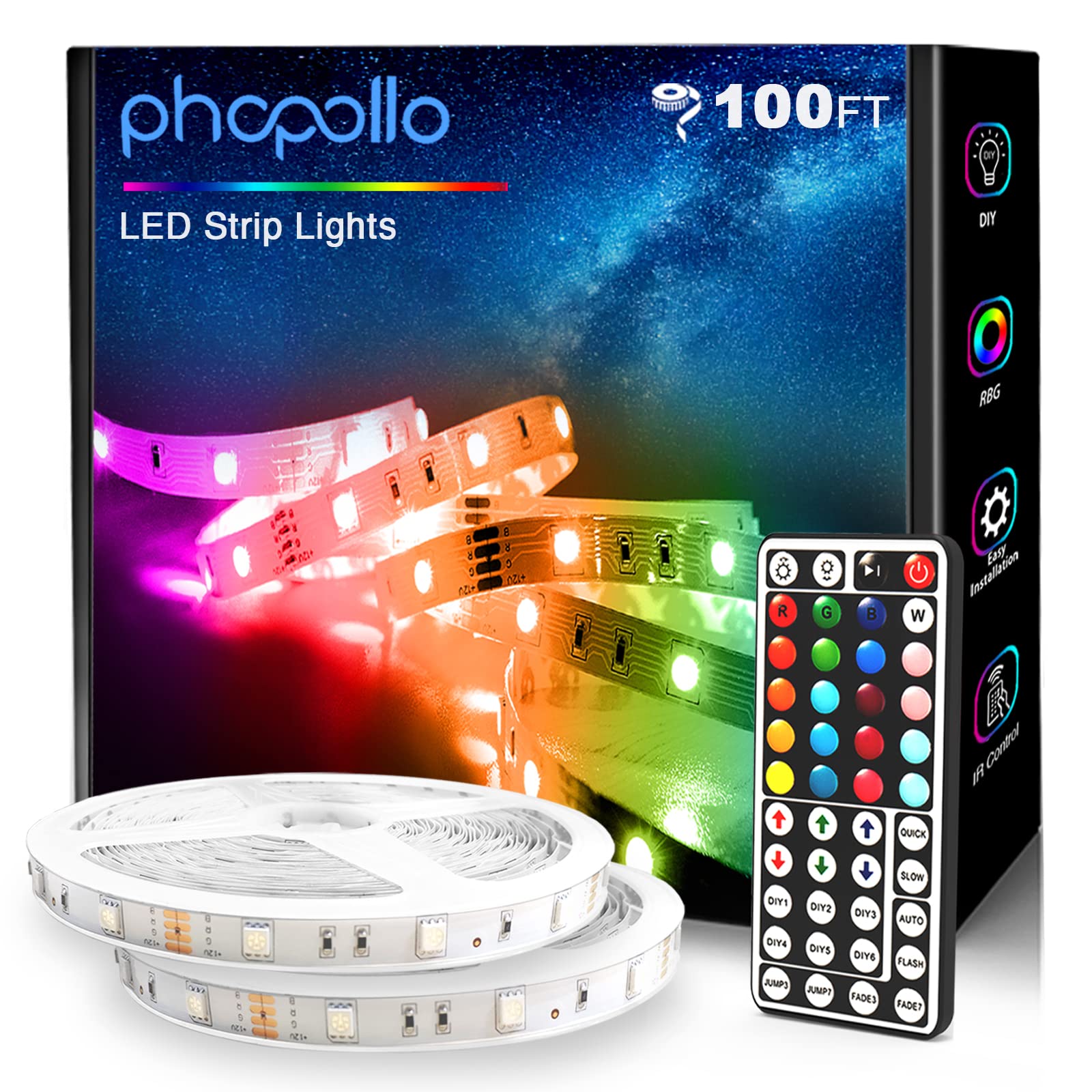 Phopollo 100ft LED Strip Lights - 5050 RGB Color Changing Lights for Bedroom, Kitchen, Living Room, Home Decoration | Perfect for Accent Lighting, Party Decor & DIY Projects