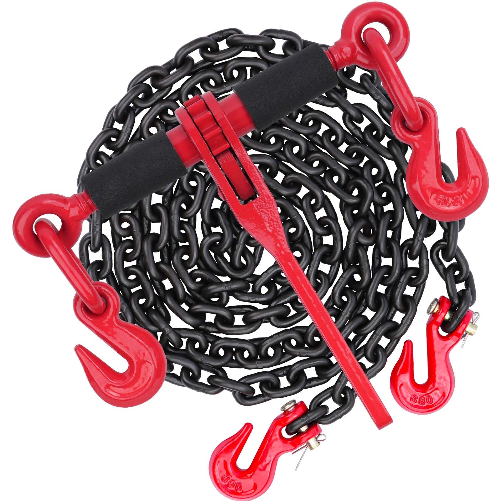 5/16'' - 3/8'' G80 Transport Chain Binder Set with Ratchet Load Binder (10ft Chain, 4,700lbs Capacity) - Heavy Duty Tie Down for Trucking, Towing & Cargo Securing