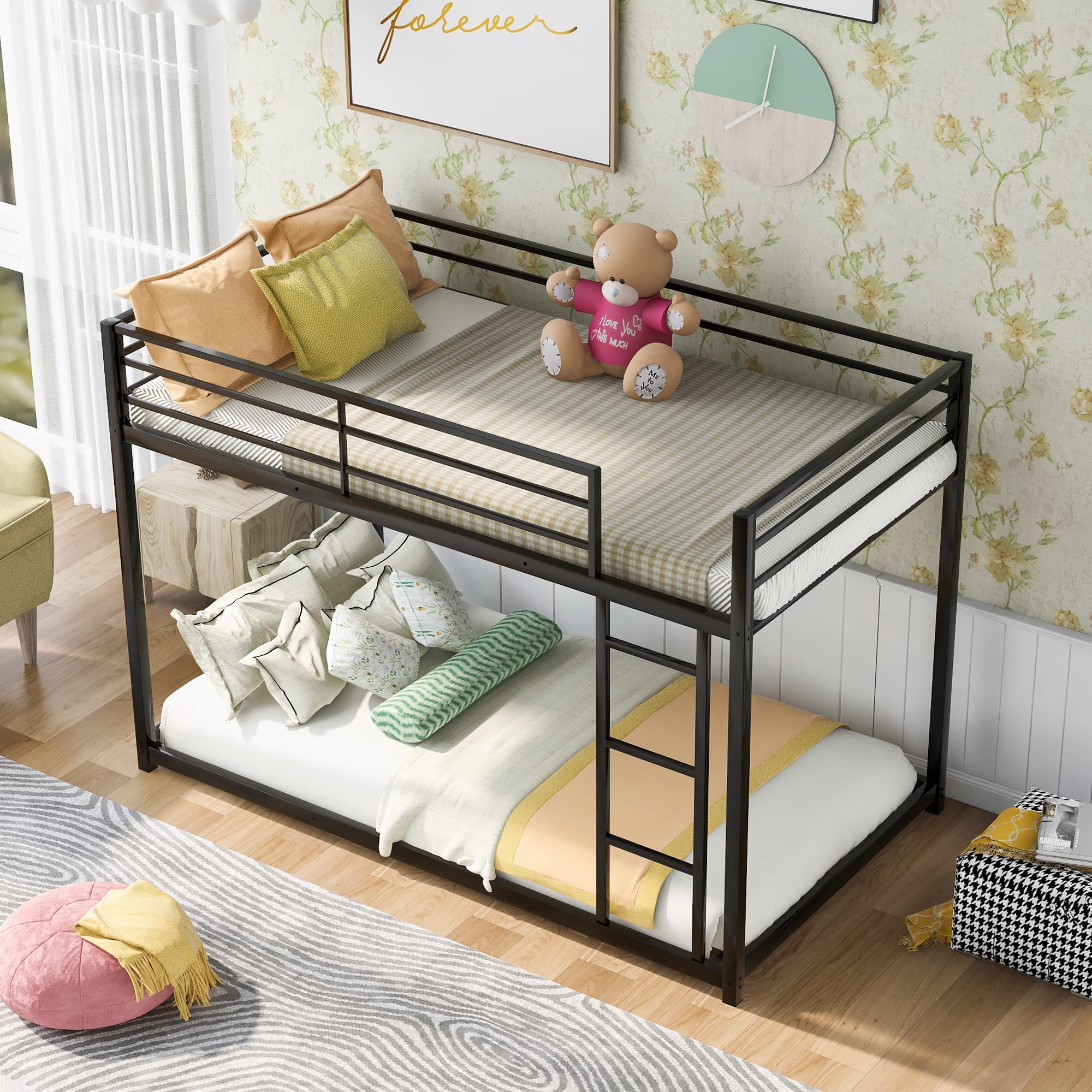 Heavy Duty Metal Twin Over Twin Bunk Bed Frame for Kids - Low Profile Junior Bunk Bed with Sturdy Construction in Black | Perfect for Small Bedrooms, Shared Kids' Rooms & Space-Saving Sleep Solutions