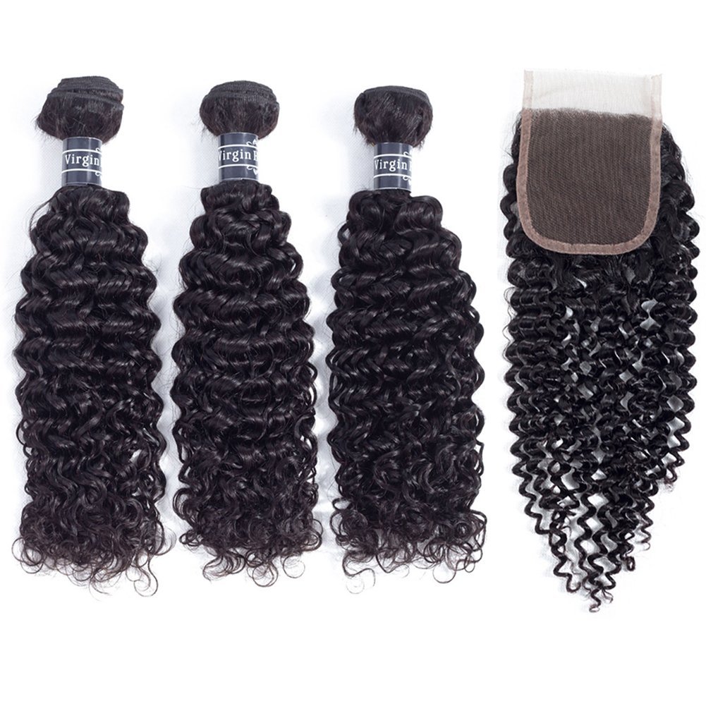 Amella Hair 8A Grade Brazilian Curly Human Hair Bundles with Closure | Virgin Unprocessed Weave | 16