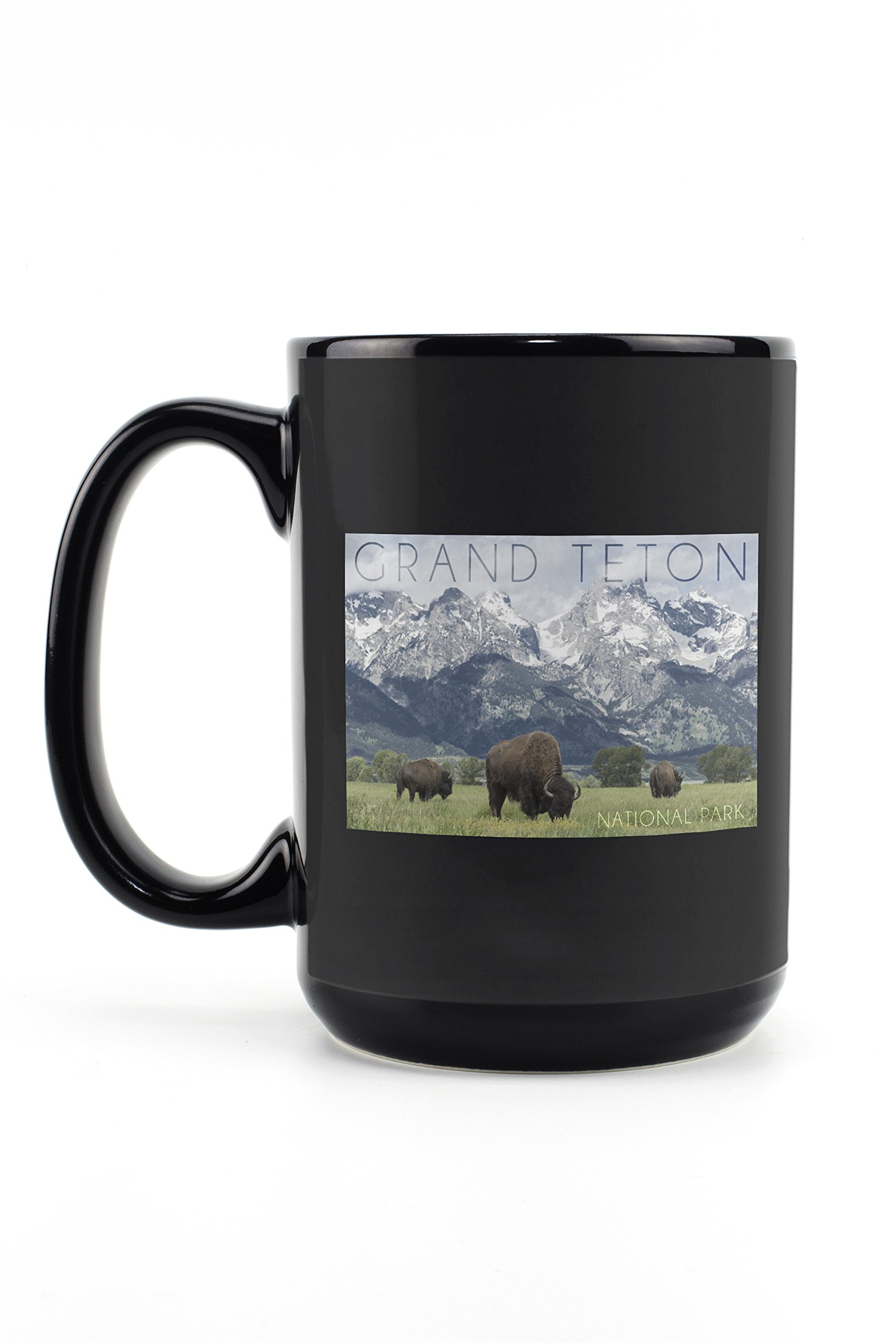 15oz Black Ceramic Coffee Mug with Grand Teton National Park Buffalo Mountain Design - Microwave & Dishwasher Safe - Perfect for Camping, Office & Home Use