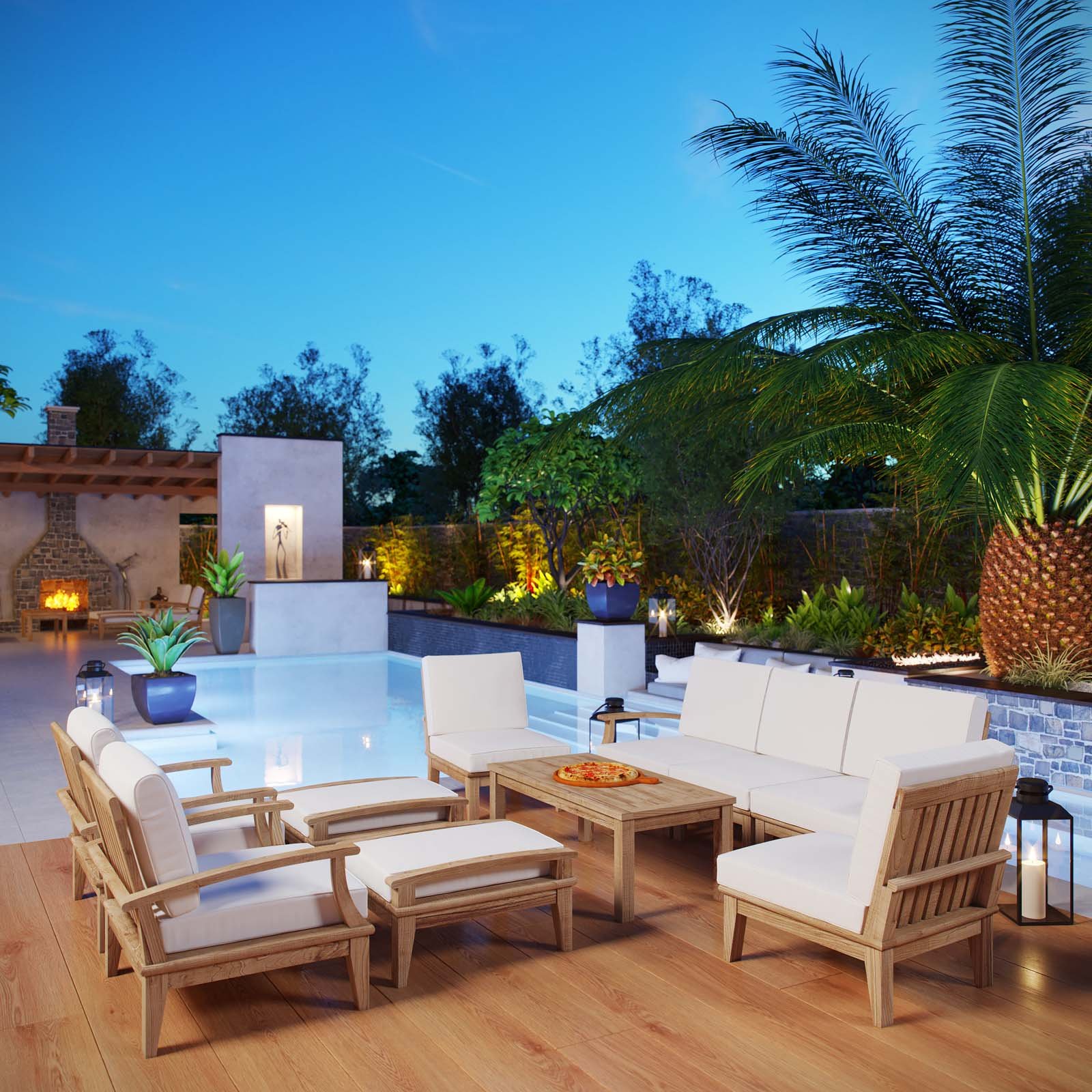 Premium Grade A Teak Wood 10-Piece Outdoor Patio Furniture Set - Modway EEI-1480-NAT-WHI-SET Marina Collection in Natural White | Durable All-Weather Dining Set for Backyard, Poolside & Garden Entertaining