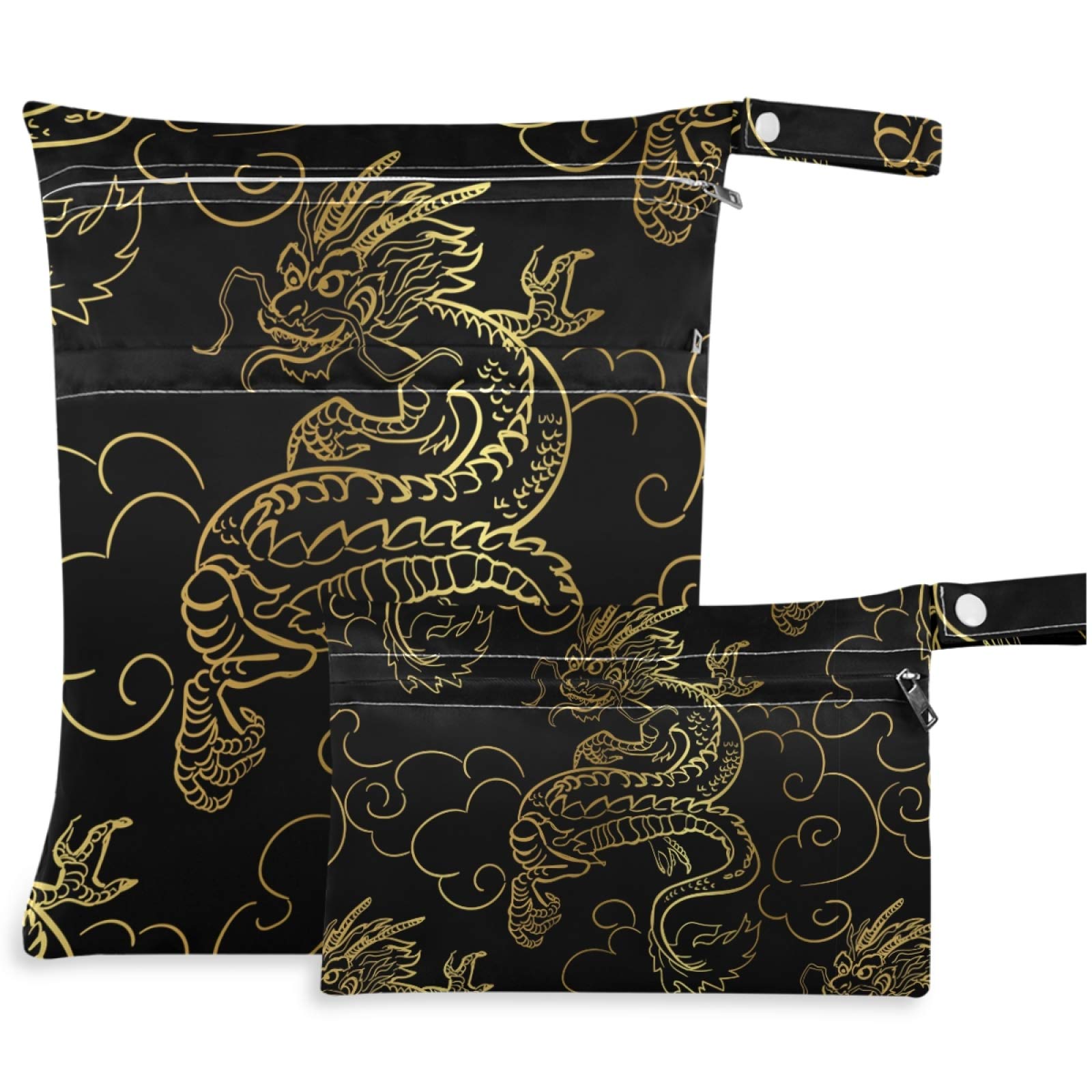 Visesunny Gold Dragon 2Pcs Waterproof Wet Bags with Zippered Pockets - Reusable Washable Storage Organizer for Travel, Beach, Pool, Gym, Daycare - Perfect for Wet Swimsuits, Dirty Clothes, Diapers & Toiletries - Ideal for Strollers, Sports & Outdoor Activities