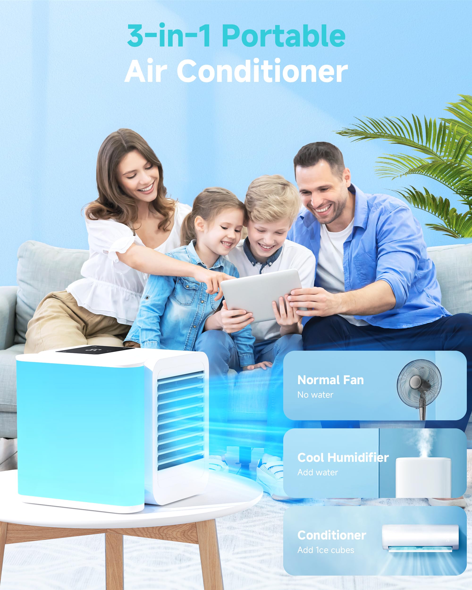 Portable Air Conditioner & Cooling Fan - Mini Evaporative Air Cooler with 3 Speeds, USB Personal Desktop AC Unit for Room, Office, Home | Quiet Operation, Energy Efficient | Perfect for Bedrooms, Workspaces & Small Areas