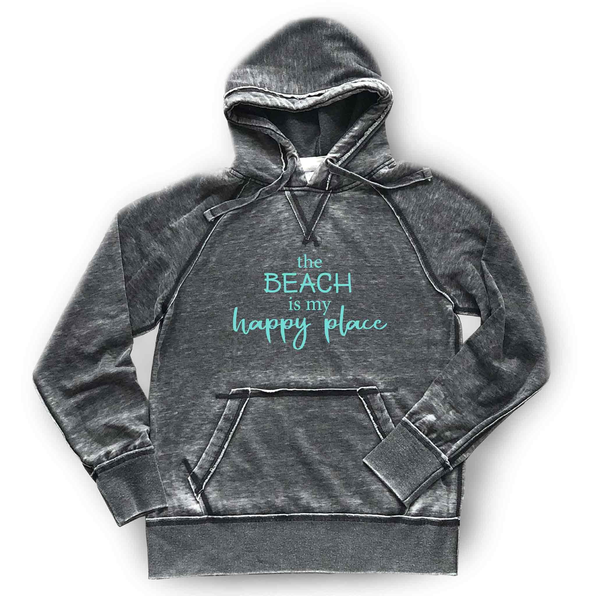 The Beach is My Happy Place Hoodie - Soft Lightweight Burnout Hooded Sweatshirt for Beach Vacation, Available in Sparkly or Matte, Perfect for Casual Outings and Relaxing Evenings