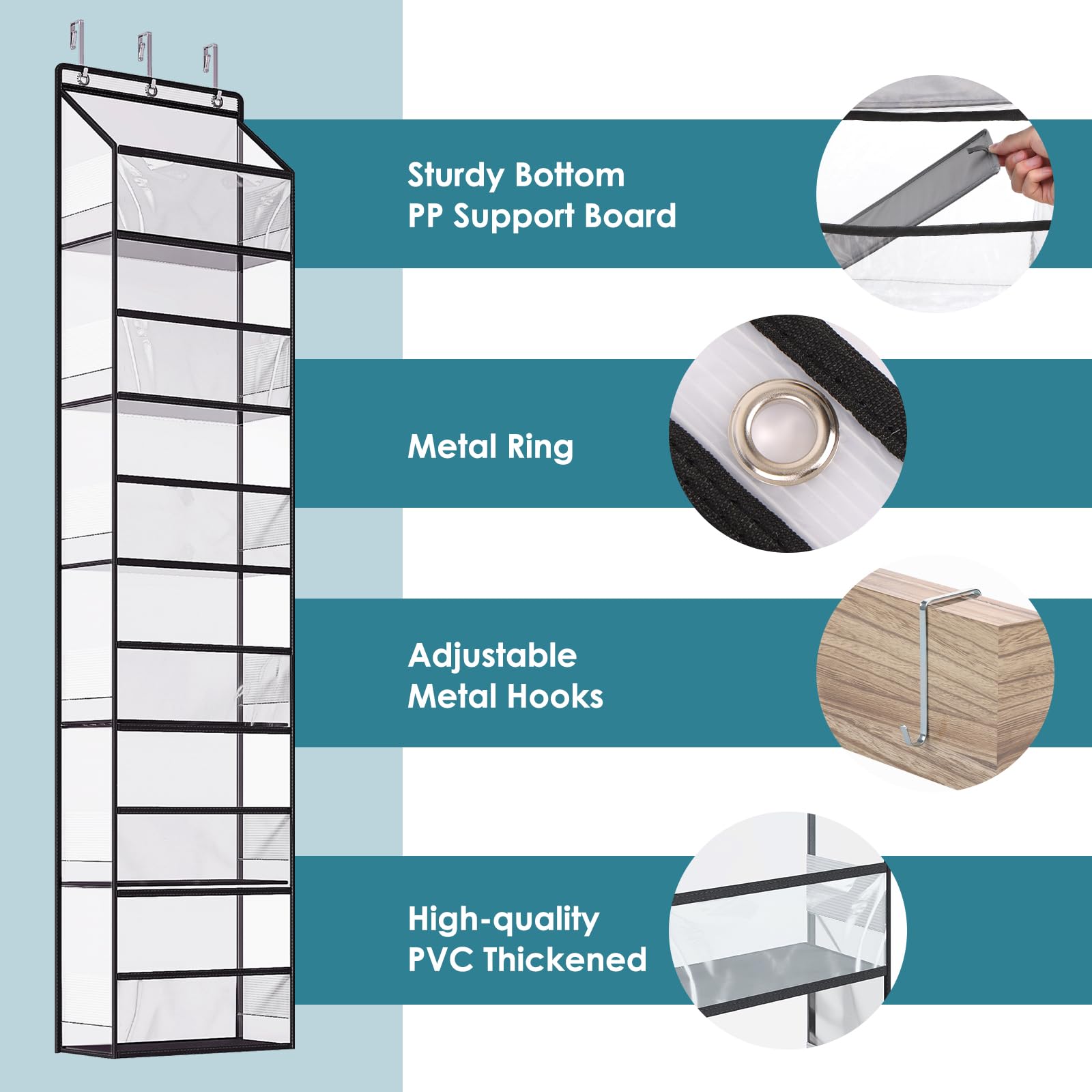 Fixwal 6-Shelf Over The Door Hanging Pantry Organizer - Heavy Duty Clear Plastic Pockets Storage for Closet, Bedroom, Bathroom - Space Saving Grey Behind The Door Organizer for Kitchen, Dorm, Laundry Room