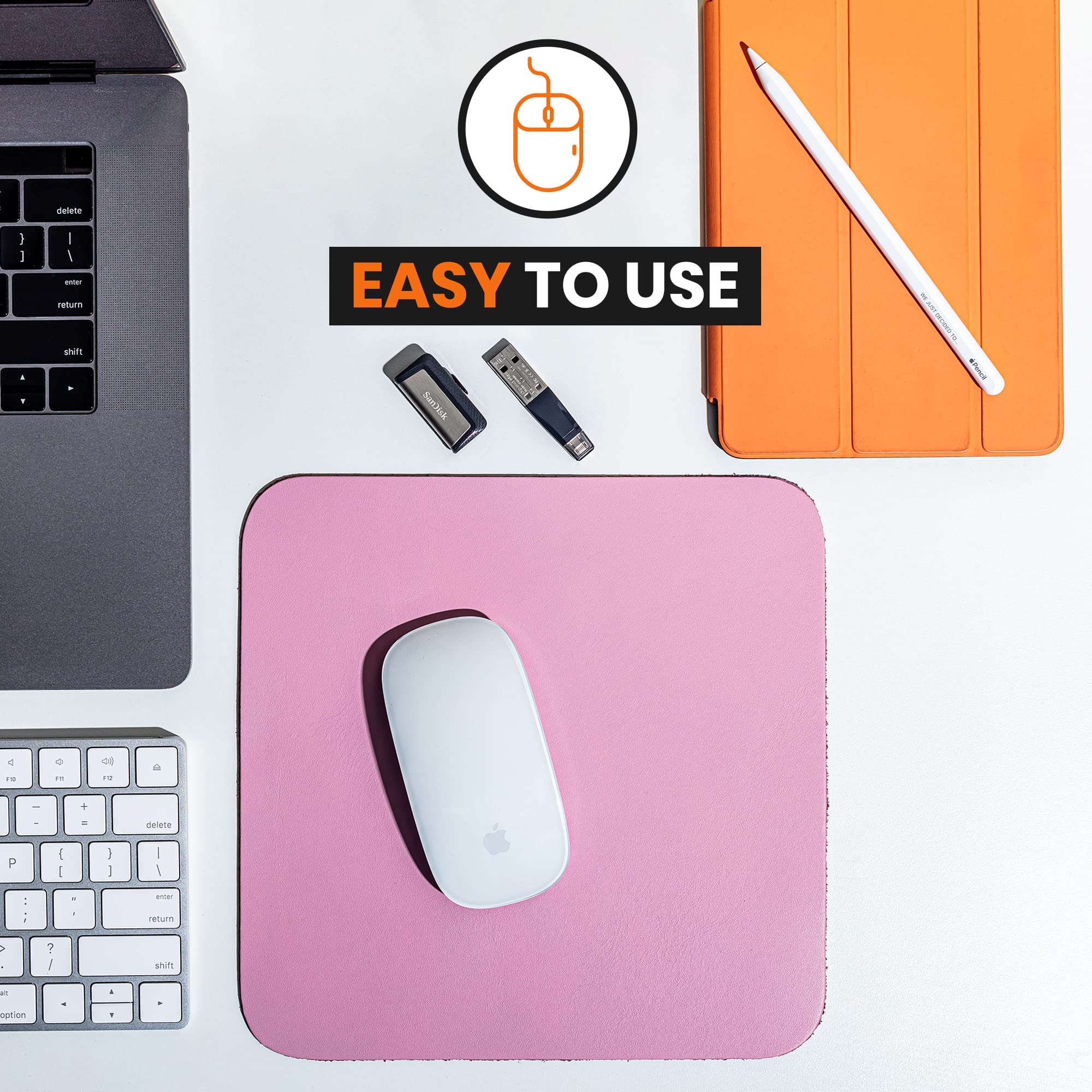 Premium Genuine Pink Leather Mouse Pad - 9x9 Inch, Soft & Durable for Wireless Mice - Office & Gaming Desk Accessory, Cute Gift for Women & Girls