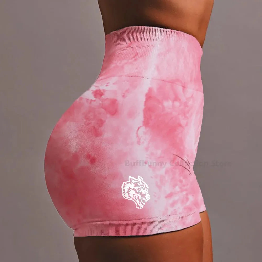 **Darc Women's Tie Dye Shorts - Pink Wolf Print High Waist Elastic Seamless Yoga Shorts for Gym, Running & Casual Wear | Soft Sport Pants 2024**