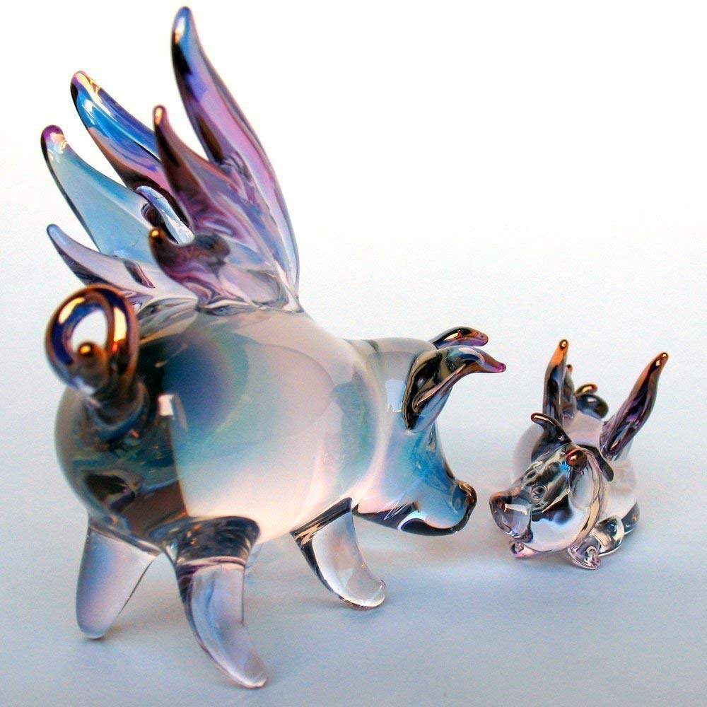 Hand-Blown Glass Flying Pigs Mother and Baby Figurine - Unique Home Decor for Nursery, Baby Shower Gift, or Collectible Display
