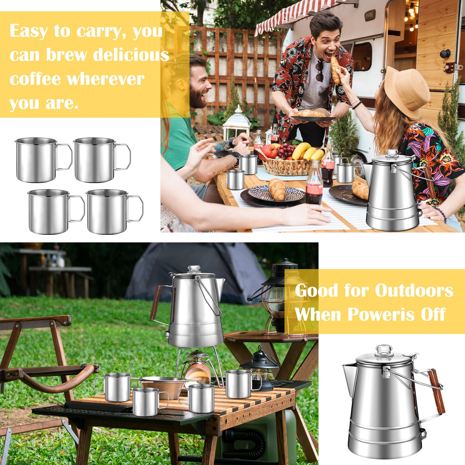 Tioncy 14-Cup Stainless Steel Stovetop Coffee Percolator with 4 Portable 12 oz Cups - Camping Coffee Maker Set for Outdoor Travel, Hiking & Campfire Brewing | Perfect for Backpacking, RV Trips & Picnics