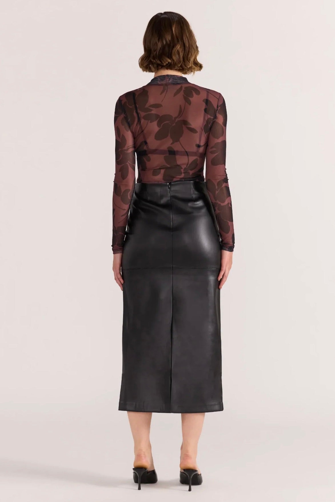 Edie Black Faux Leather Midi Skirt - Women's Stretchy High Waist Pencil Skirt for Office, Party & Night Out | Trendy Vegan Leather Fashion Skirt for Fall & Winter Outfits