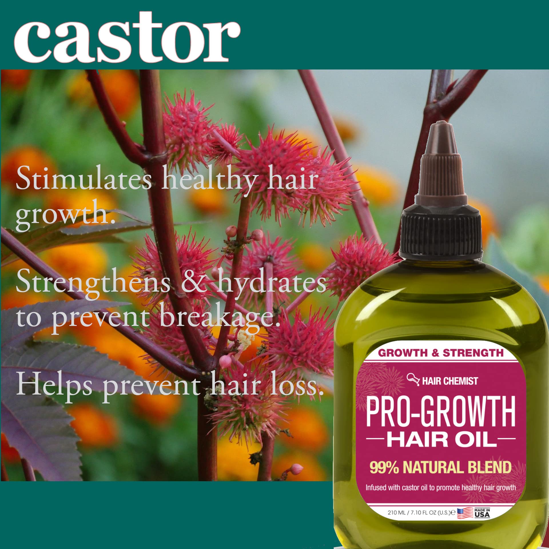 Hair Chemist Pro-Growth Hair Oil with Castor Oil 7.1 oz - Natural Hair Growth Treatment for Thicker, Longer & Healthier Hair - Perfect for Daily Scalp Massage & Nighttime Hair Care Routine