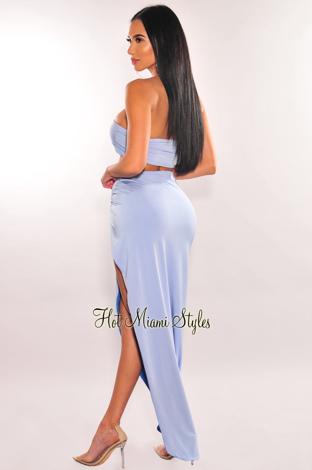 Baby Blue One Shoulder Knotted Slit Skirt Two Piece Set - Women's Summer Outfits for Beach Vacation, Date Night & Party Wear