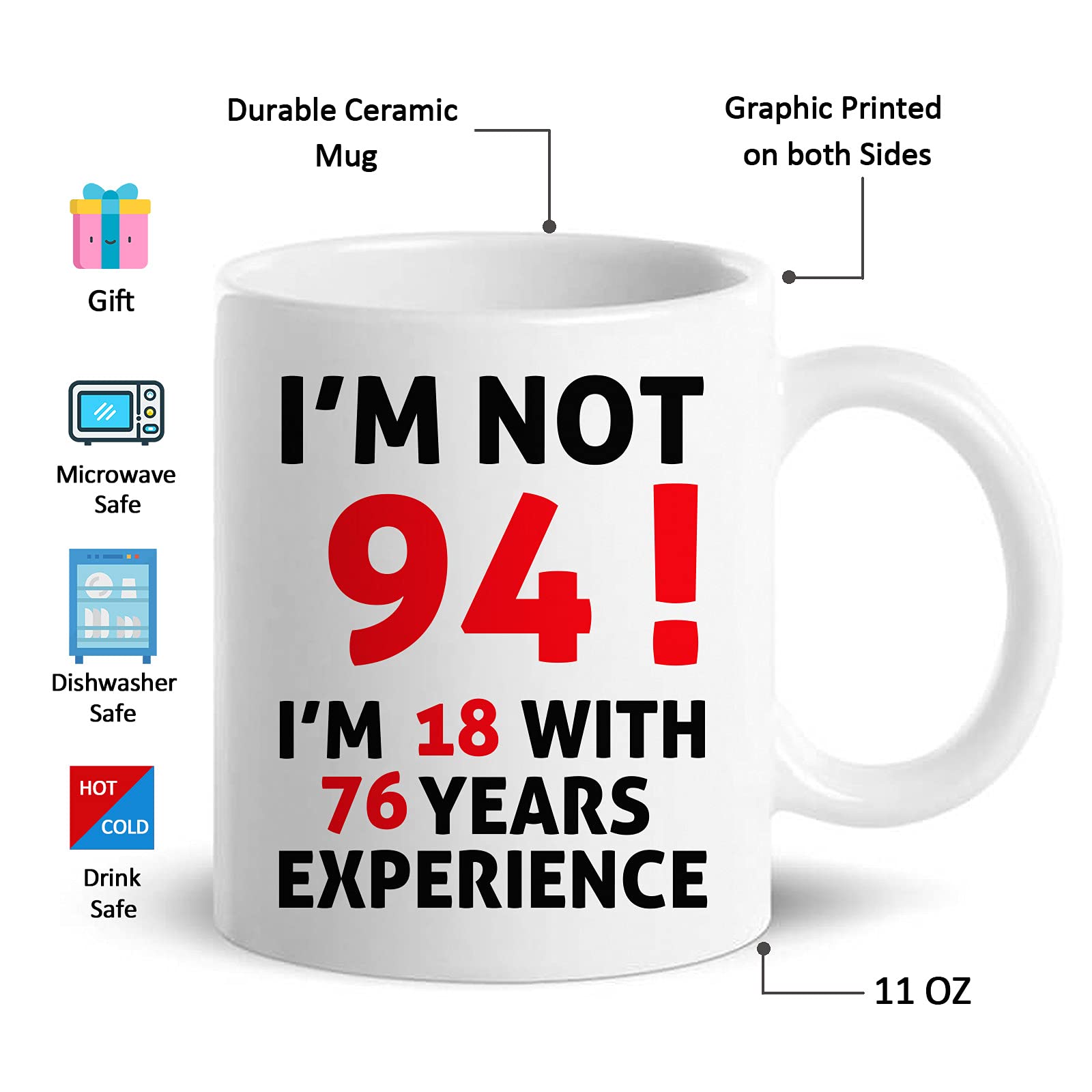 Funny 94th Birthday Gift Coffee Mug - 11oz 'I'm Not 94' Novelty Cup for Women, Men, Dad, Uncle, Brother, Grandpa, Grandma | 1930 Vintage Theme | Perfect 94 Year Old Birthday Present for Tea, Coffee & Office Use