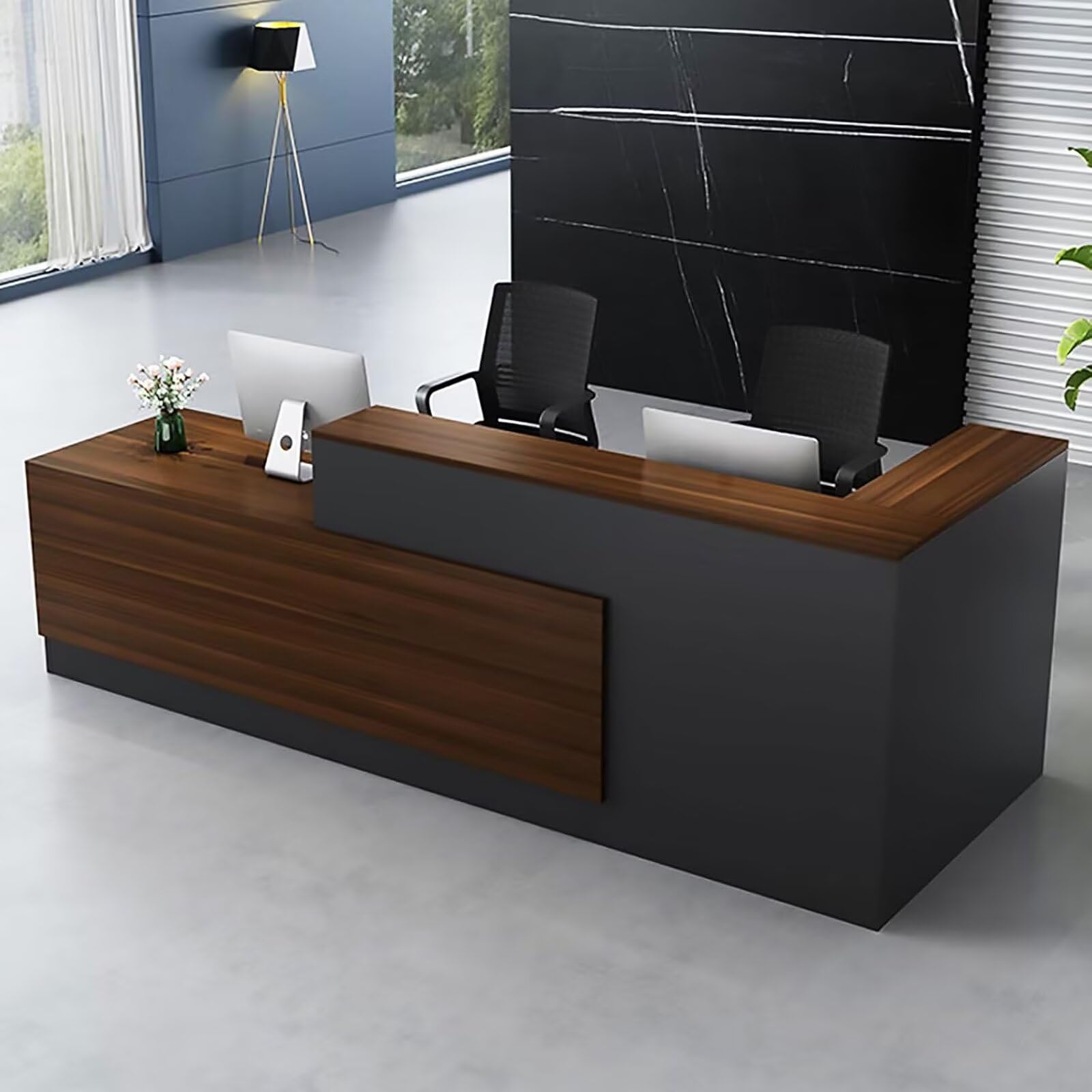 Modern L-Shaped Reception Counter Desk with Open Front Design - 200cm/79in Retail Checkout Table for Office, Store & Hotel Lobby - Durable Workstation for Customer Service & Cashier Areas