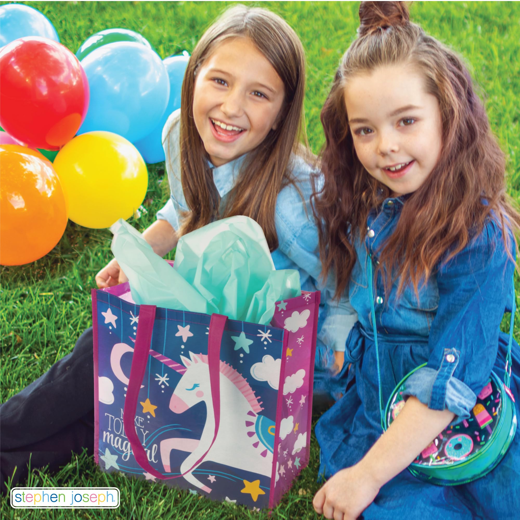 Stephen Joseph Large Recycled Gift Bags with Handles - Eco-Friendly Reusable Kids Birthday Party & Shopping Bags for Gifts, Favors, and Everyday Use